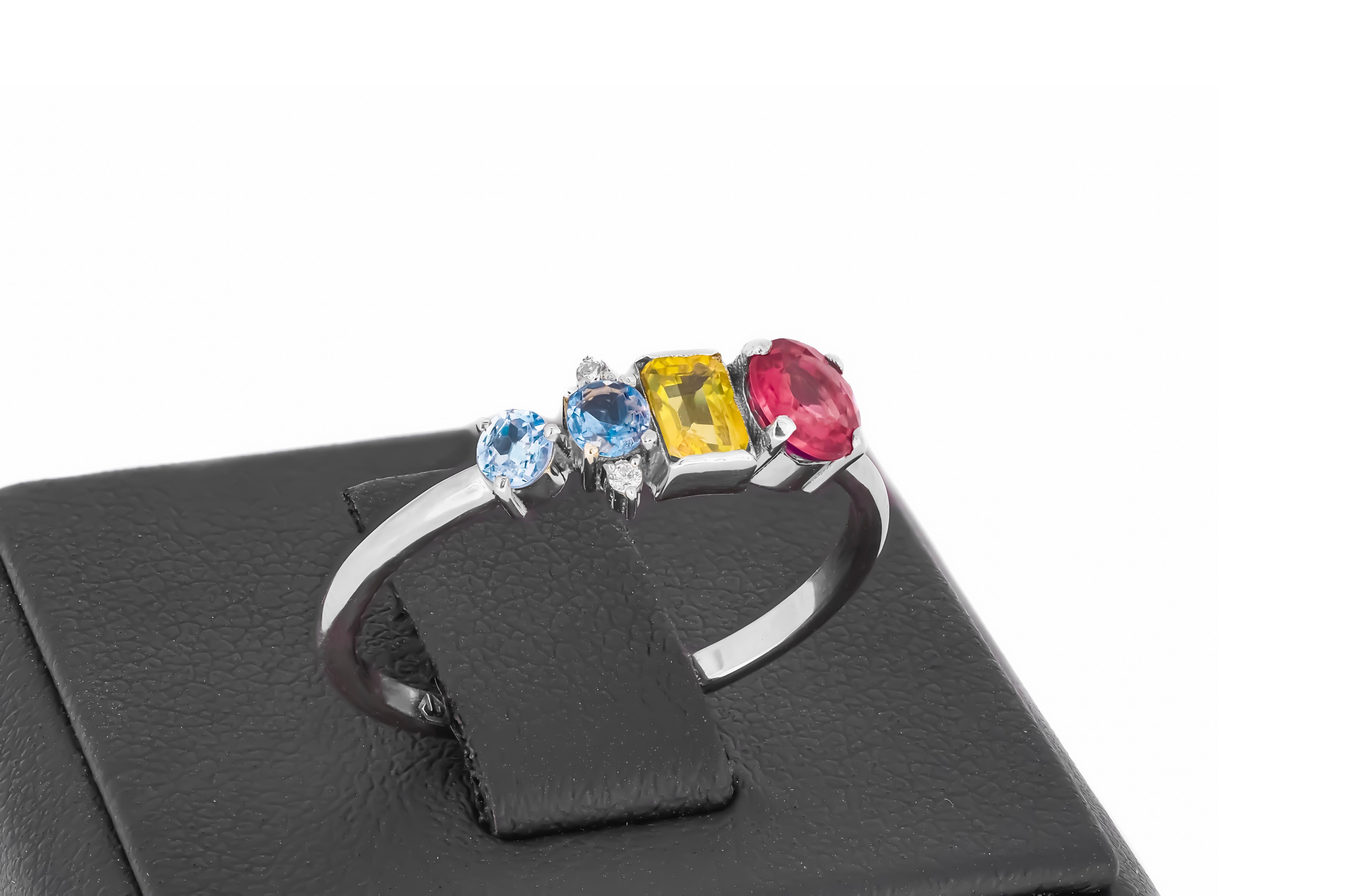 Multicolor gemstone 14k gold ring. Lab ruby, yellow sapphire, topaz gold ring. Cluster lab gemstones ring. Casual gold ring. 

Metal type: Gold
Metal stamp: 14k Gold
Weight: 2 gr depends from size

Gemstones
Set with lab ruby, topazs, sapphire,