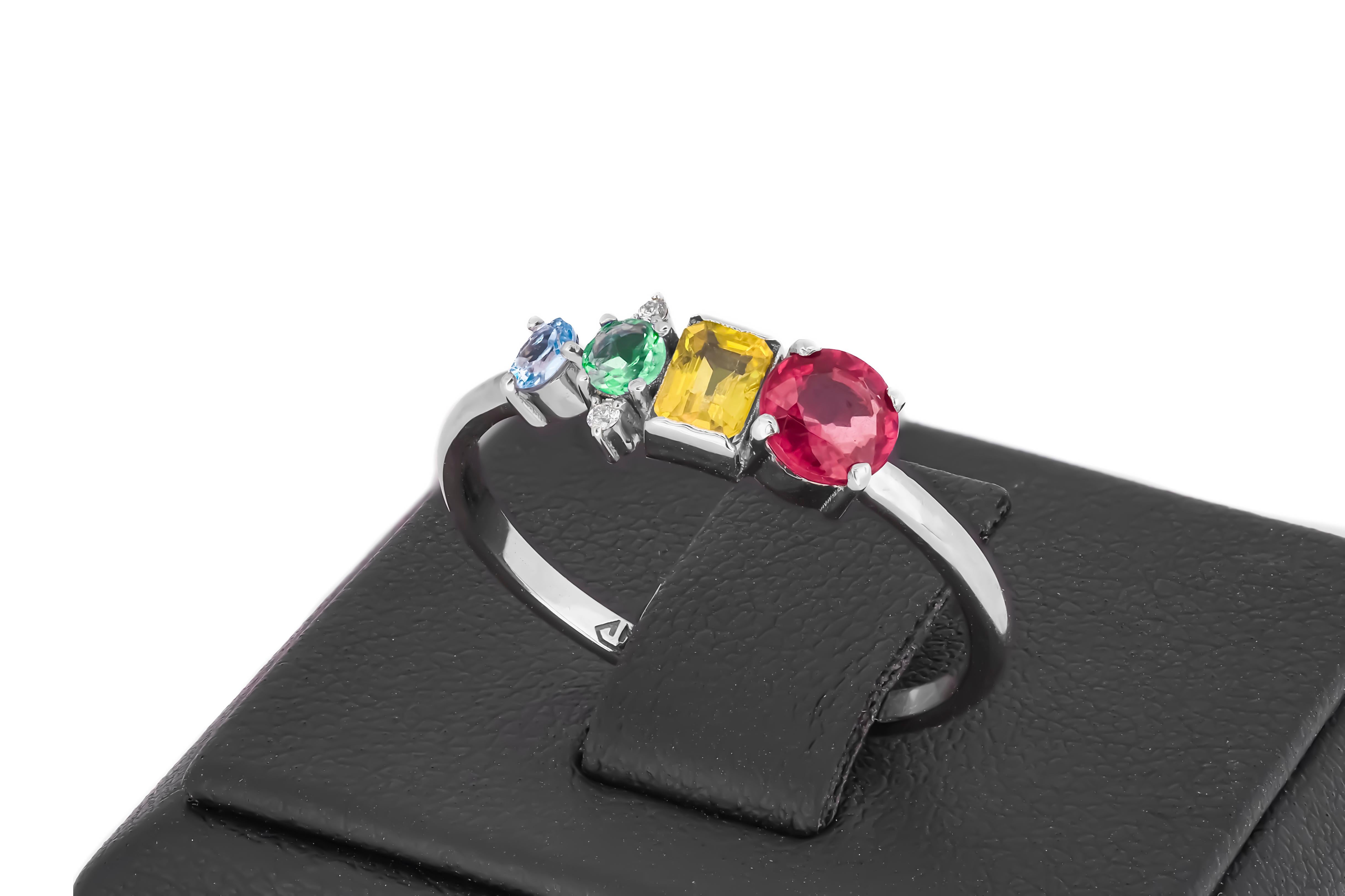 Modern Multicolor gemstone 14k gold ring.  For Sale
