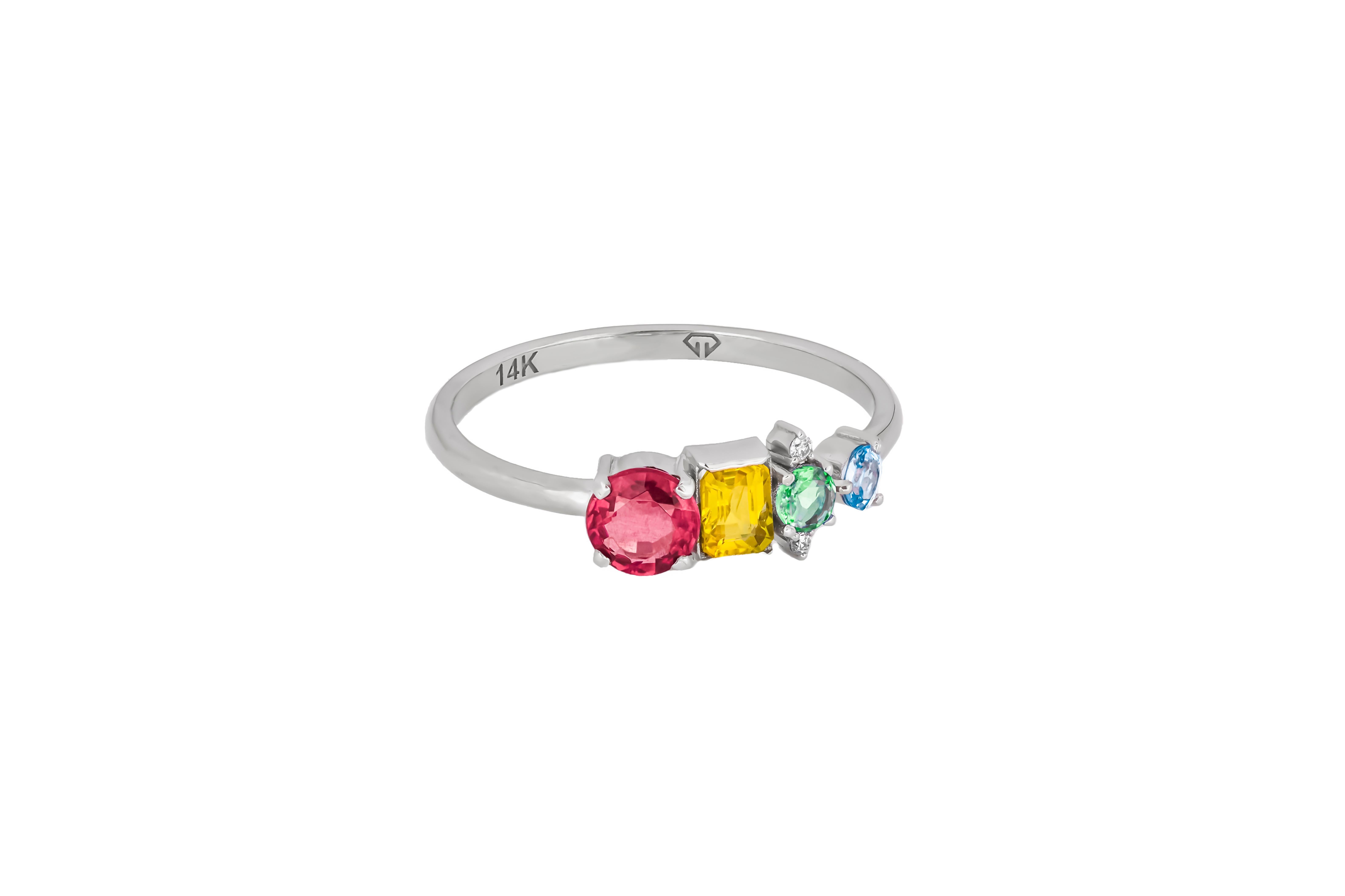 Round Cut Multicolor gemstone 14k gold ring.  For Sale