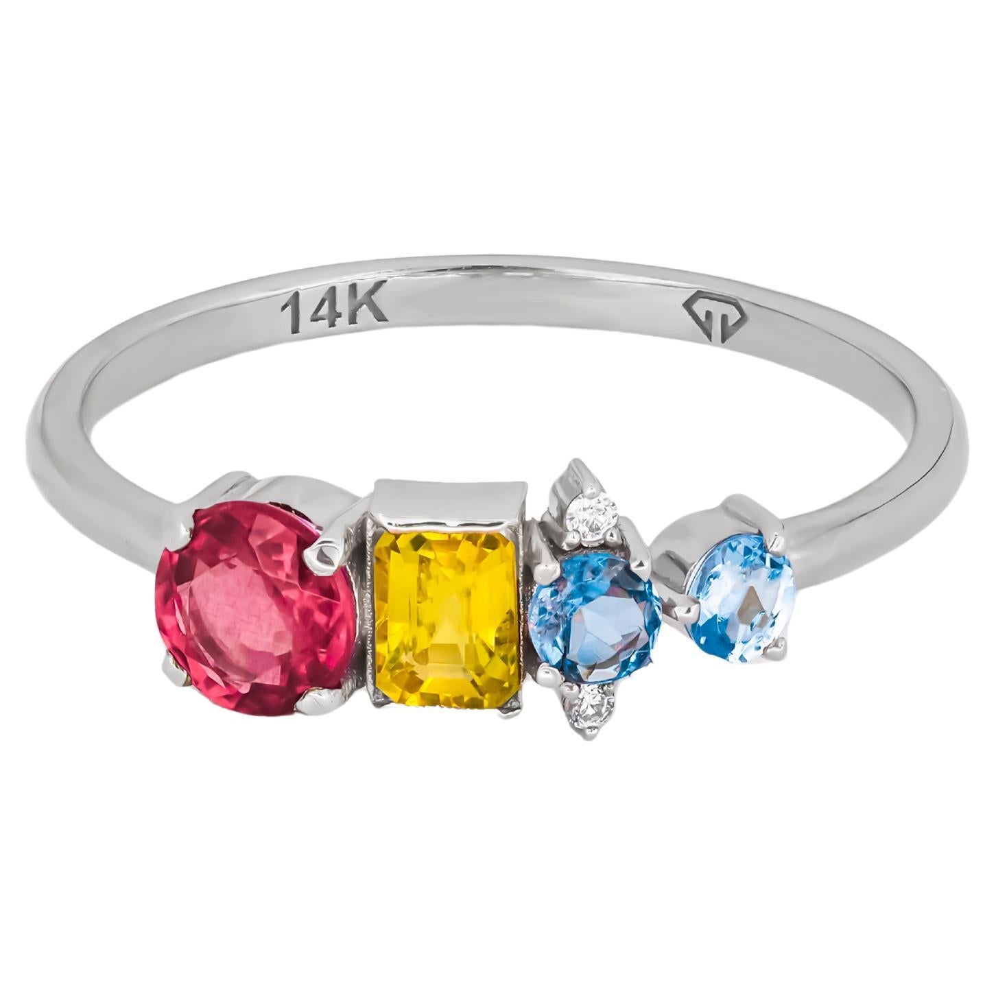 Multicolor gemstone 14k gold ring. For Sale