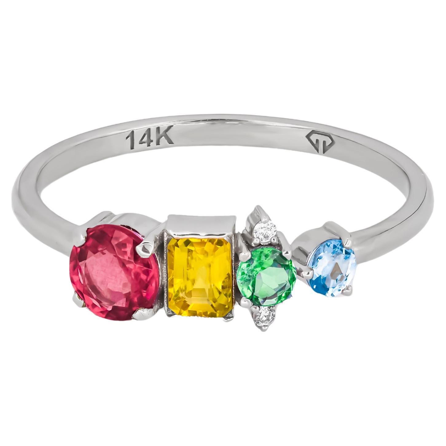Multicolor gemstone 14k gold ring. 