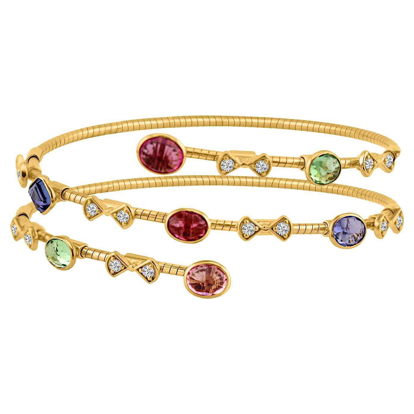Bracciale sinfonico a due file con pietre multicolori e diamanti in oro giallo 18 carati