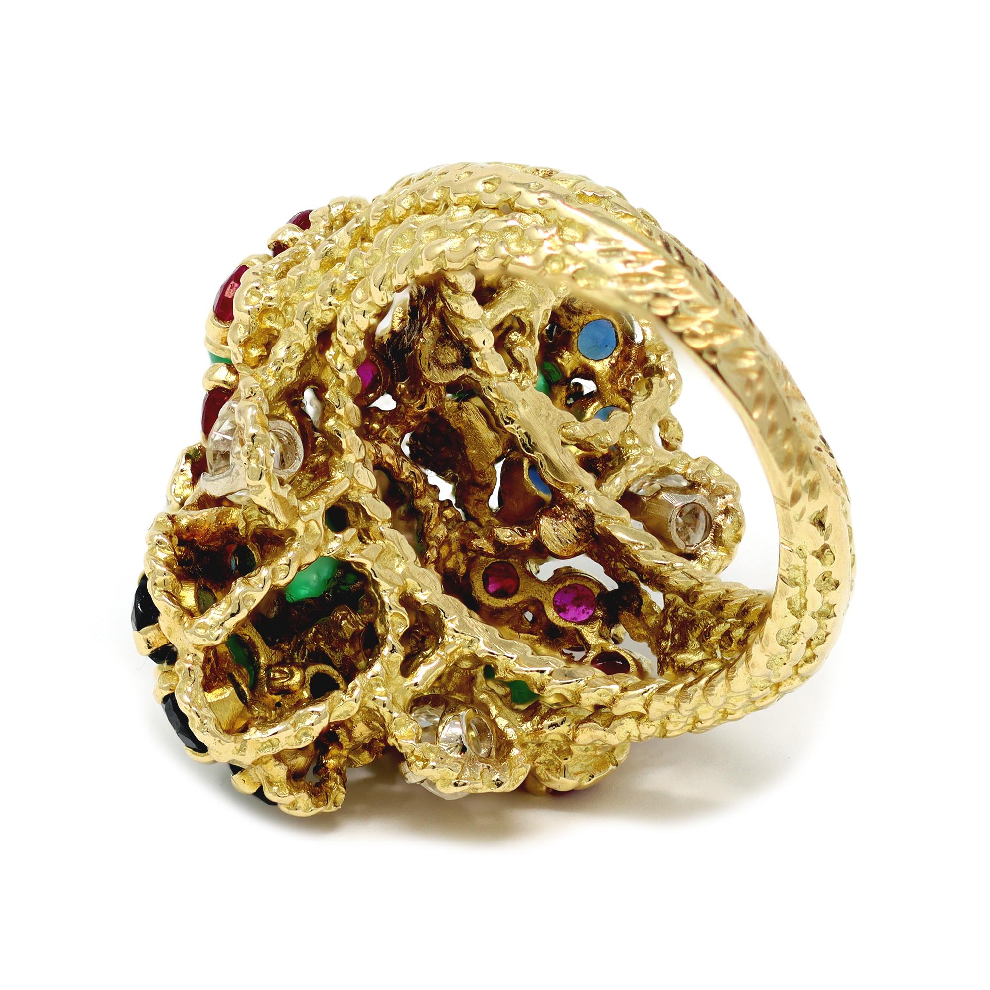 Mixed Cut Multicolor Gemstone and Diamond Cocktail Ring set in 18 Karat CA 1960