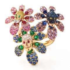 Multicolor Gemstone and Diamond Dia De Los Muertos Style Ring in Two-Tone Gold