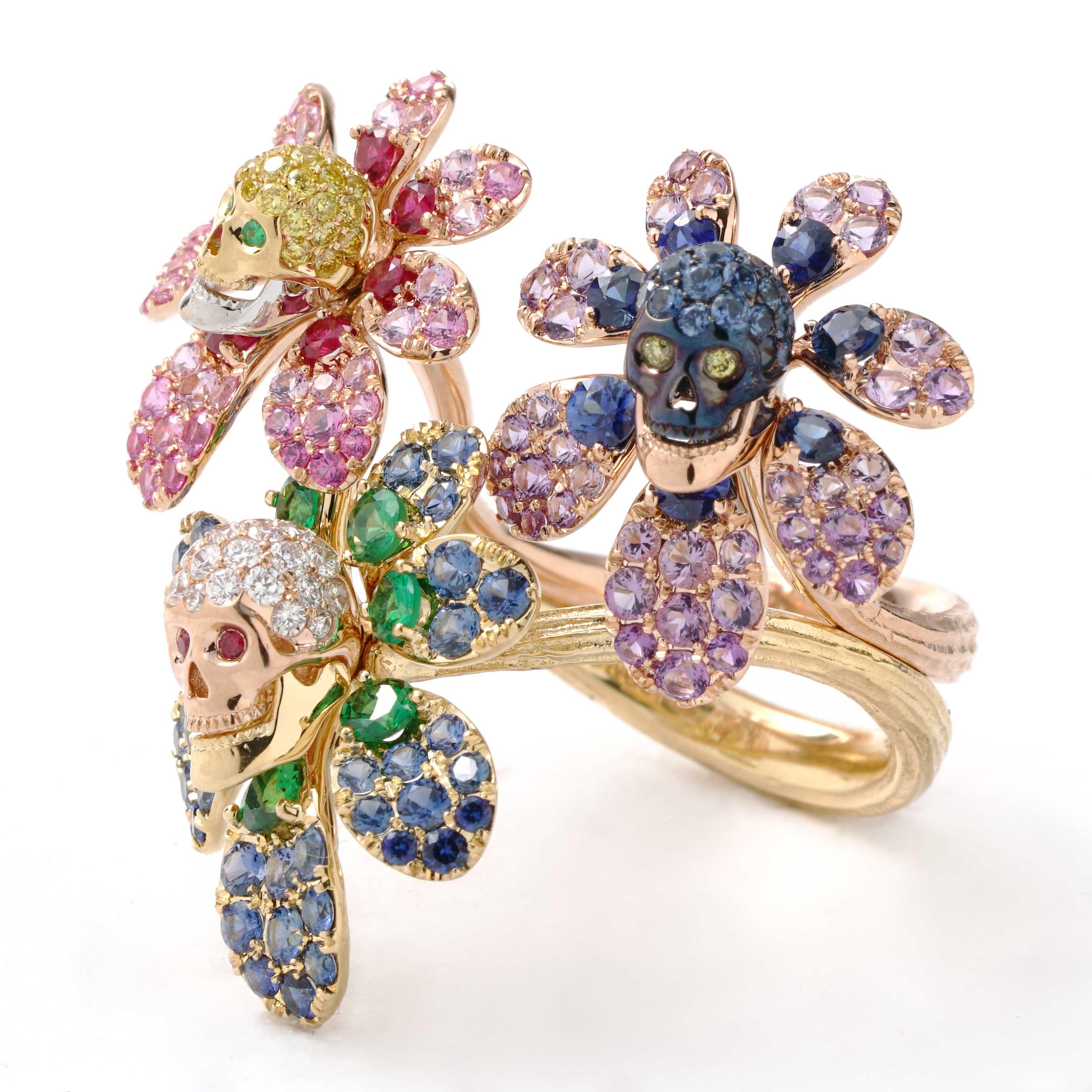 Art Deco Multicolor Gemstone and Diamond Dia De Los Muertos Style Ring in Two-Tone Gold  For Sale