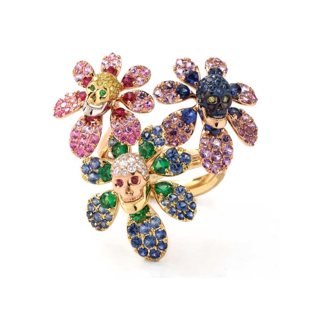 Mehrfarbiger Ring im Stil des Dia De Los Muertos mit Edelsteinen und Diamanten in zweifarbigem Gold  Damen im Angebot