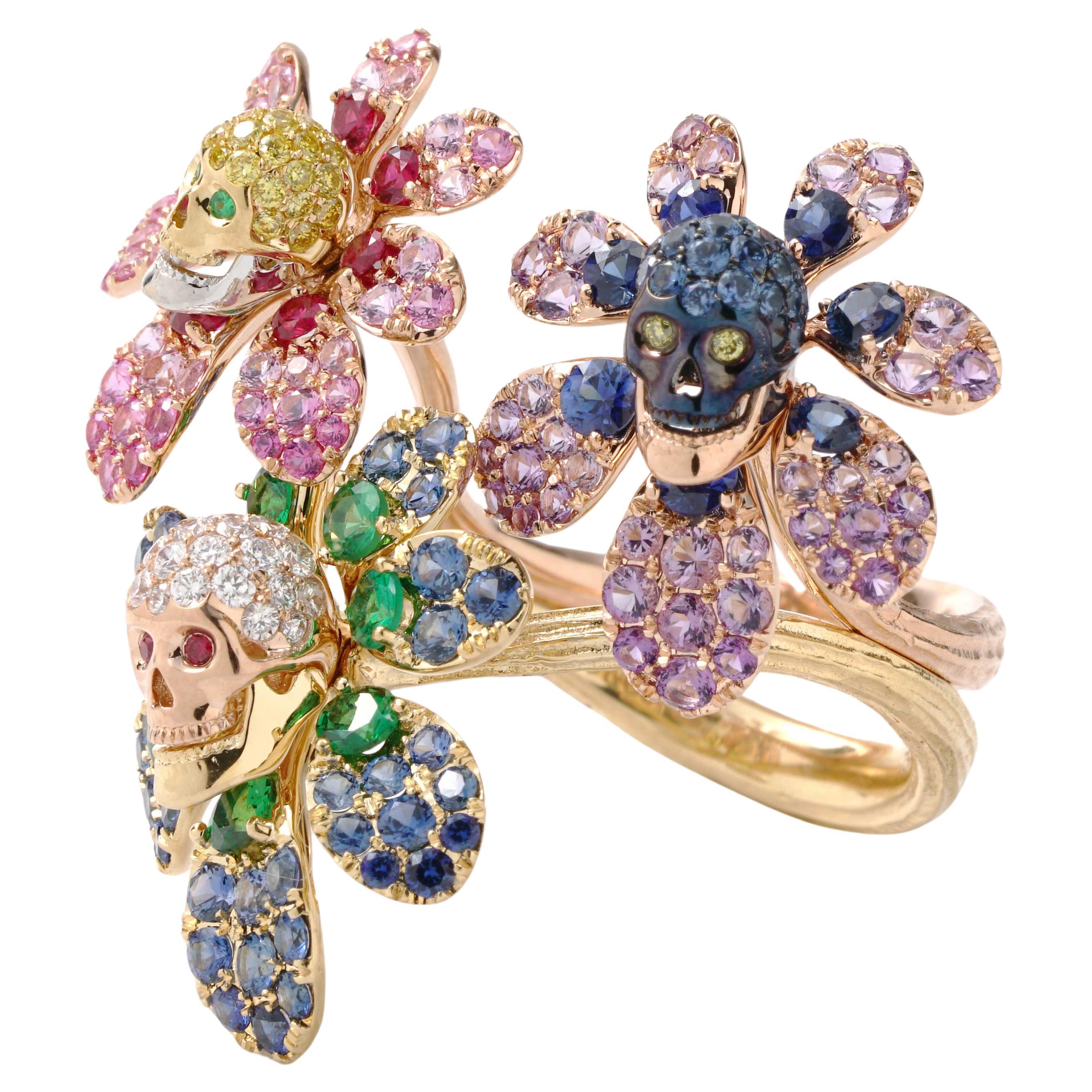 Multicolor Gemstone and Diamond Dia De Los Muertos Style Ring in Two-Tone Gold  For Sale