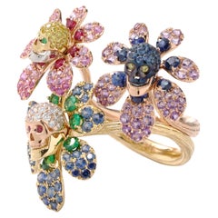 Multicolor Gemstone and Diamond Dia De Los Muertos Style Ring in Two-Tone Gold 