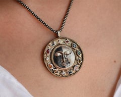 Multicolor Gemstone and Diamond Moon Face Necklace by Franny E
