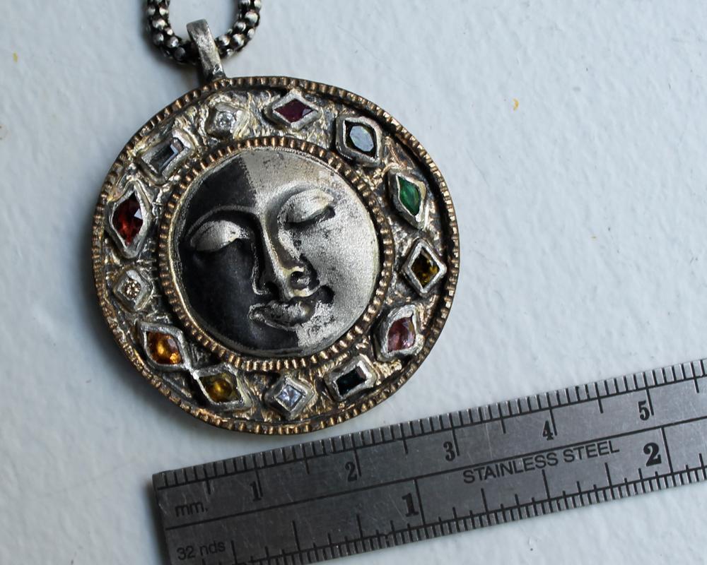 Multicolor Gemstone and Diamond Moon Face Necklace by Franny E In New Condition For Sale In Vancouver, British Columbia