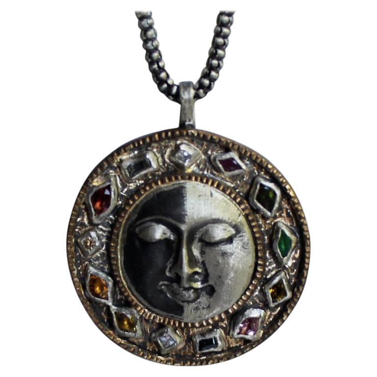 Multicolor Gemstone and Diamond Moon Face Necklace by Franny E For Sale