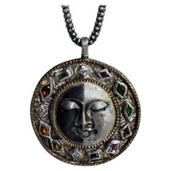 Multicolor Gemstone and Diamond Moon Face Necklace by Franny E