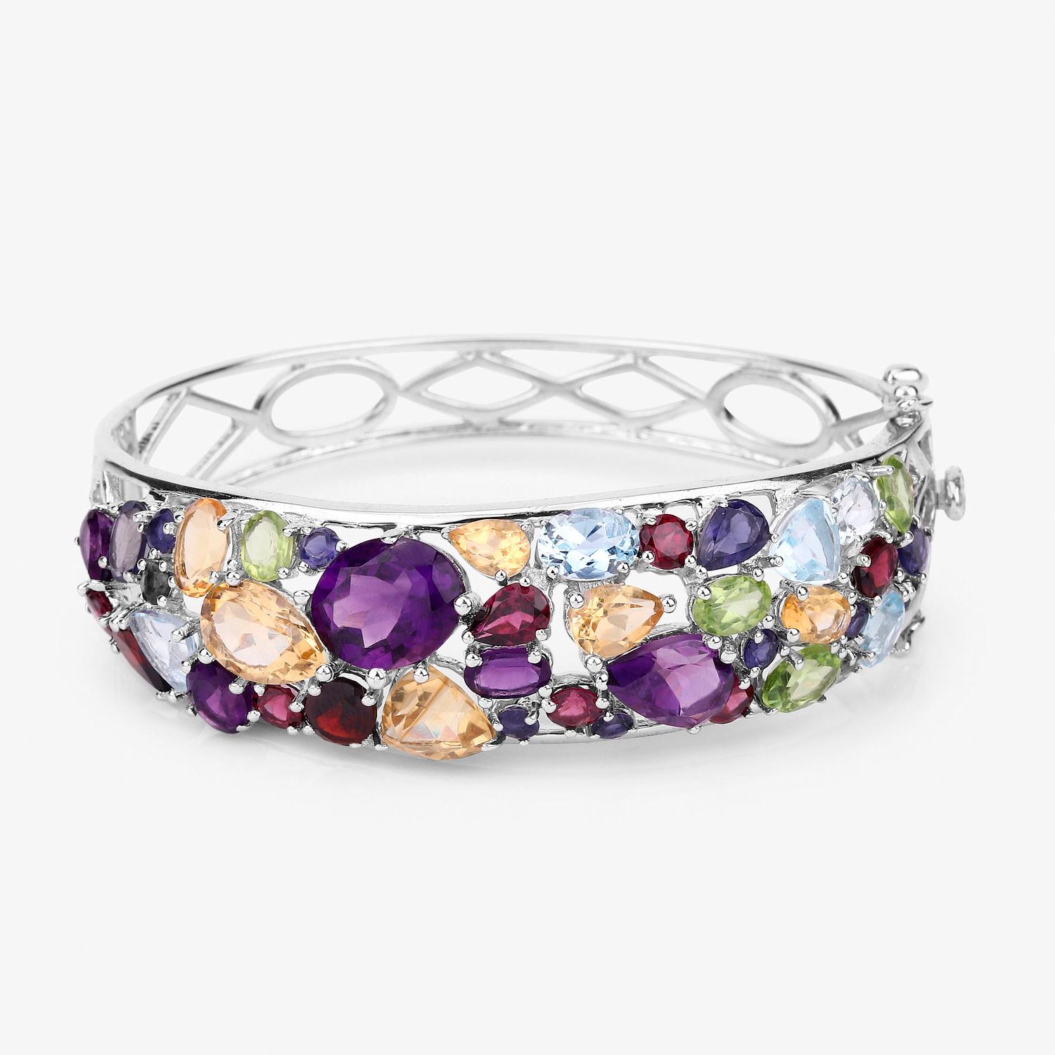Contemporary Multicolor Gemstone Bangle Bracelet 21 Carats Sterling Silver For Sale