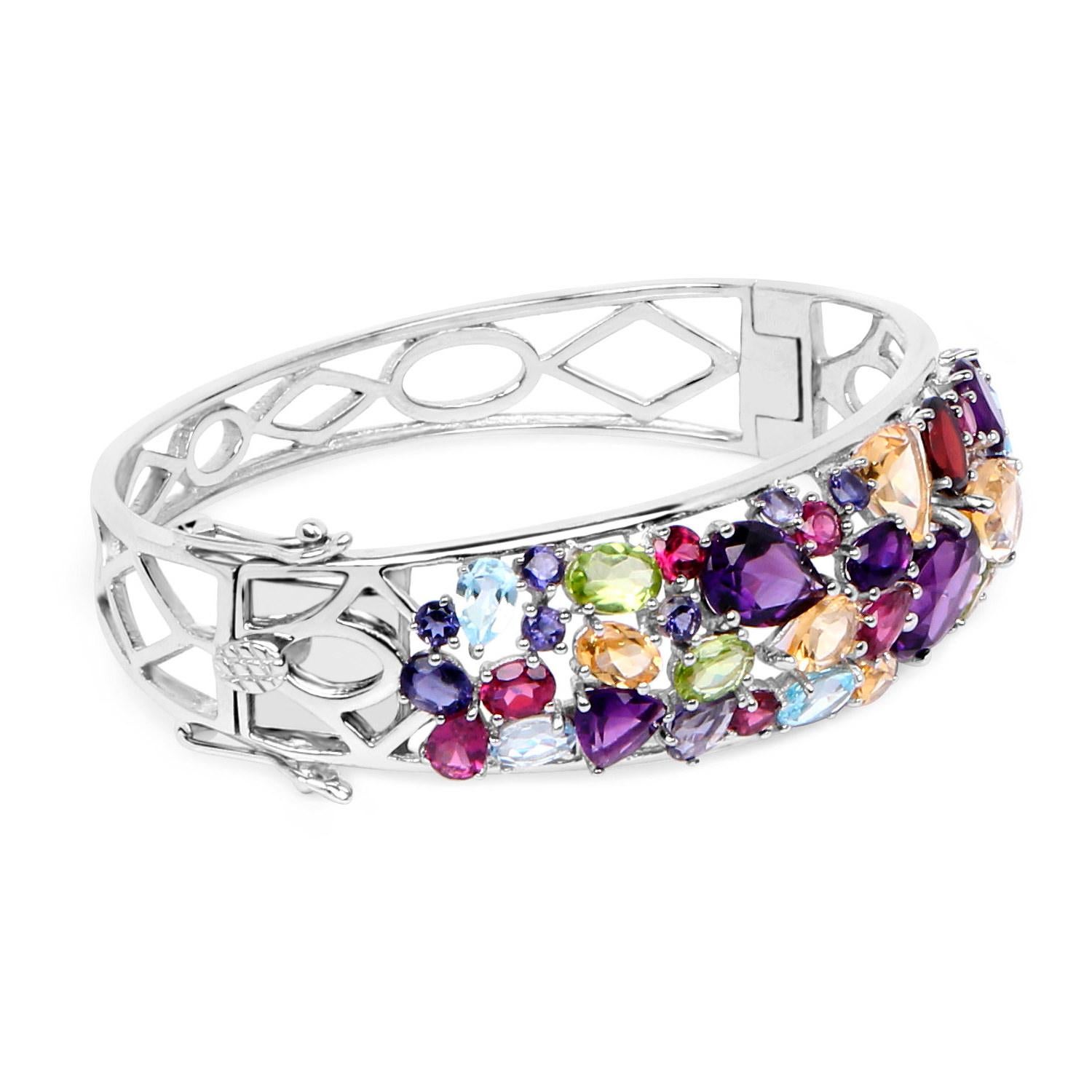 Multicolor Gemstone Bangle Bracelet 21 Carats Sterling Silver In Excellent Condition For Sale In Aliso Viejo, CA