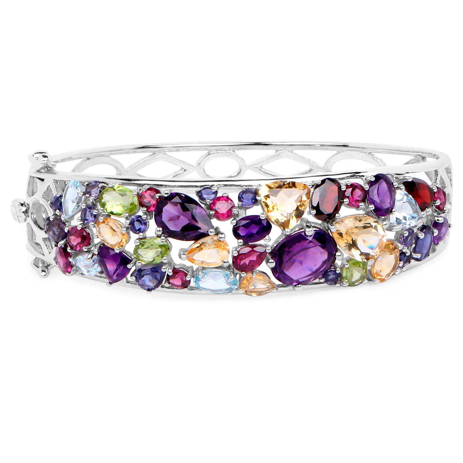 Women's or Men's Multicolor Gemstone Bangle Bracelet 21 Carats Sterling Silver For Sale