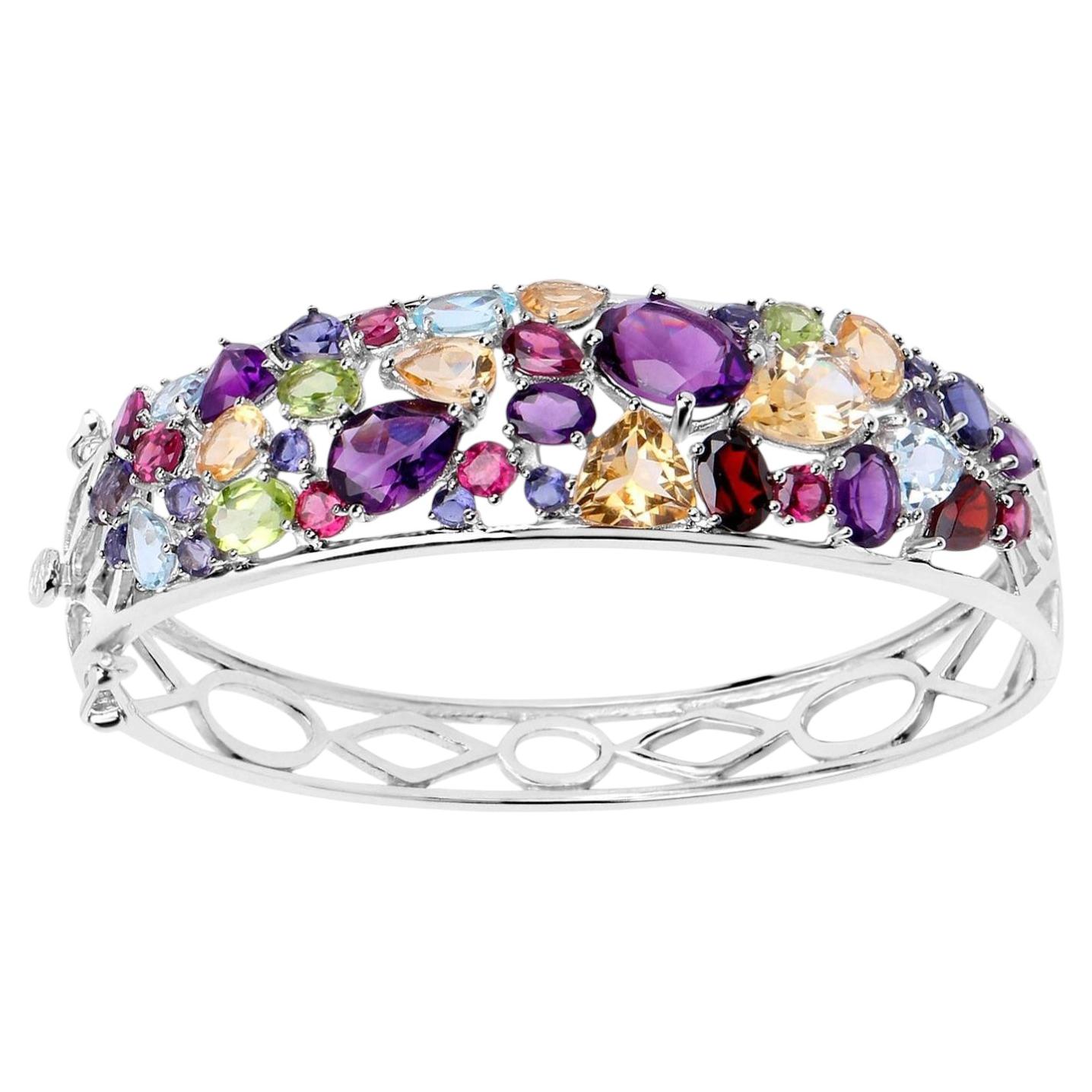 Multicolor Gemstone Bangle Bracelet 21 Carats Sterling Silver For Sale