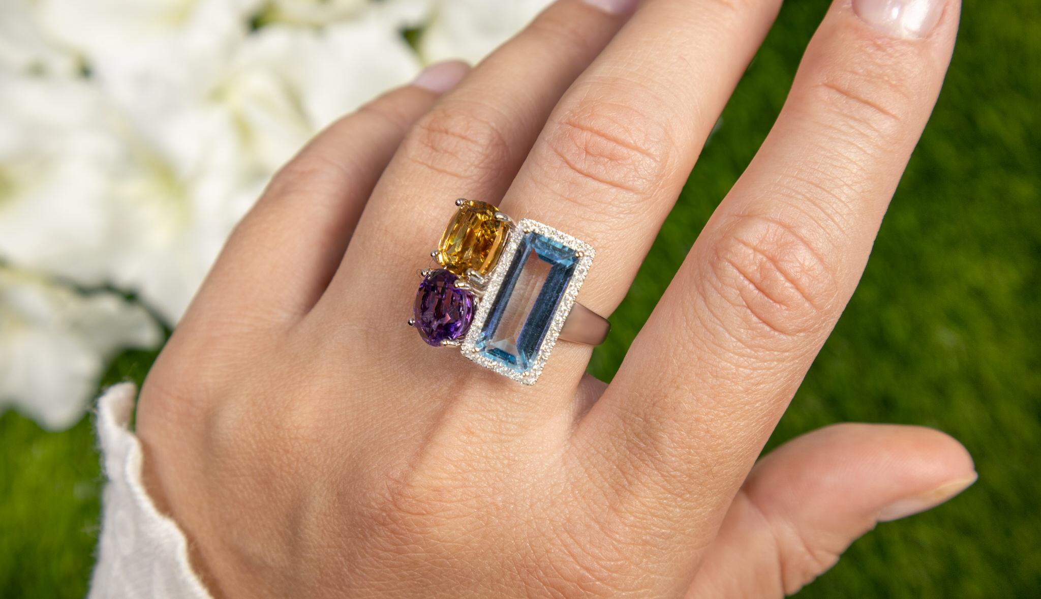 Contemporary Multicolor Gemstone Cocktail Ring Diamond Setting 10.5 Carats 14K Gold For Sale