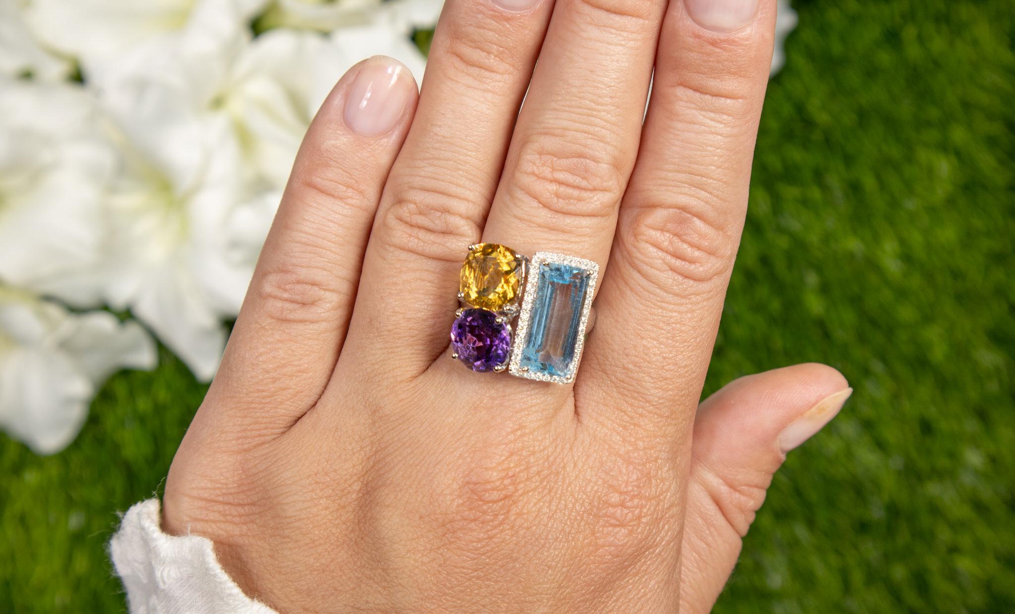 Mixed Cut Multicolor Gemstone Cocktail Ring Diamond Setting 10.5 Carats 14K Gold For Sale