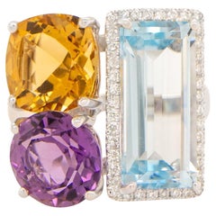Anillo de Cóctel de Piedras Preciosas Multicolor Engastado con Diamantes 10,5 Quilates Oro de 14K