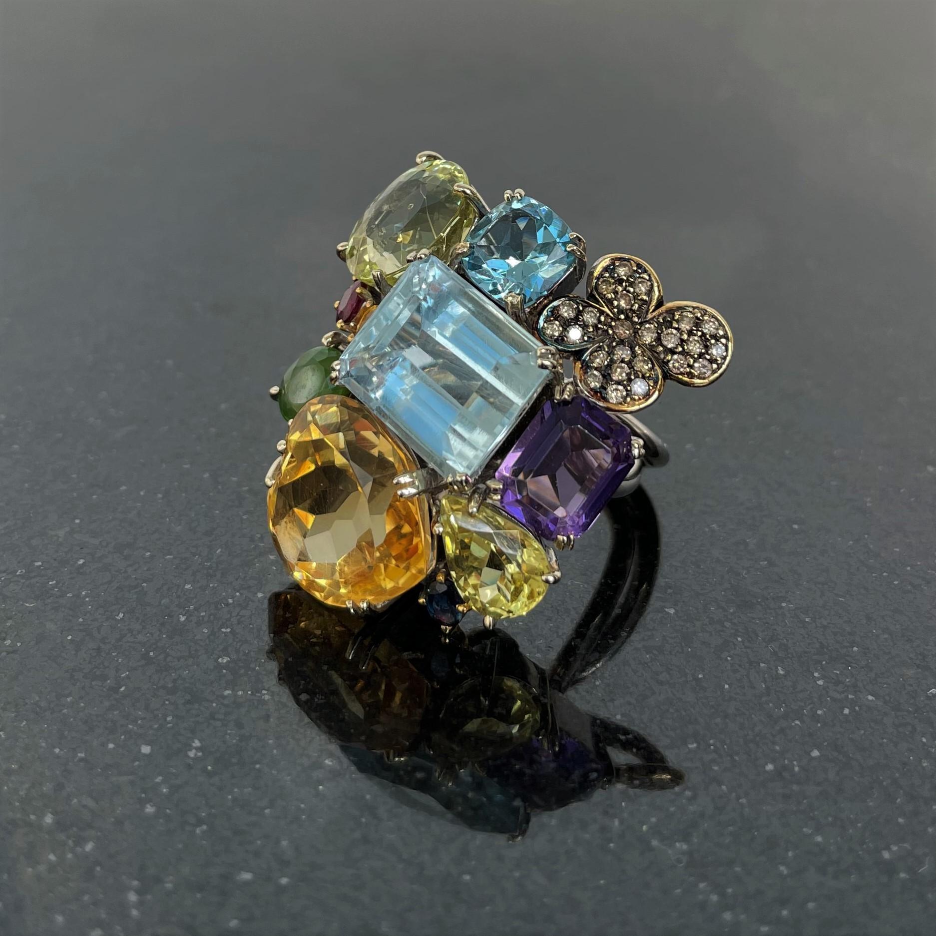 Contemporary Rosior one-off Aquamarine, Sapphire, Amethyst, Topaz and Diamond Cocktail Ring 