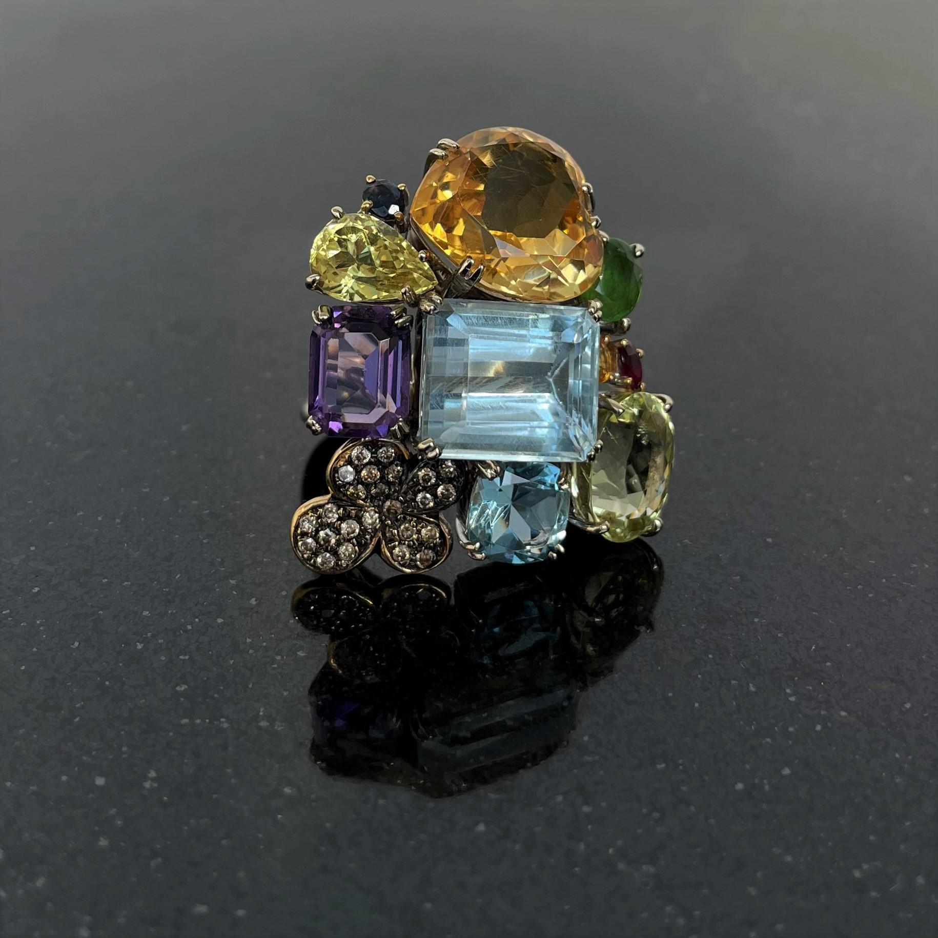 Women's or Men's Rosior one-off Aquamarine, Sapphire, Amethyst, Topaz and Diamond Cocktail Ring 