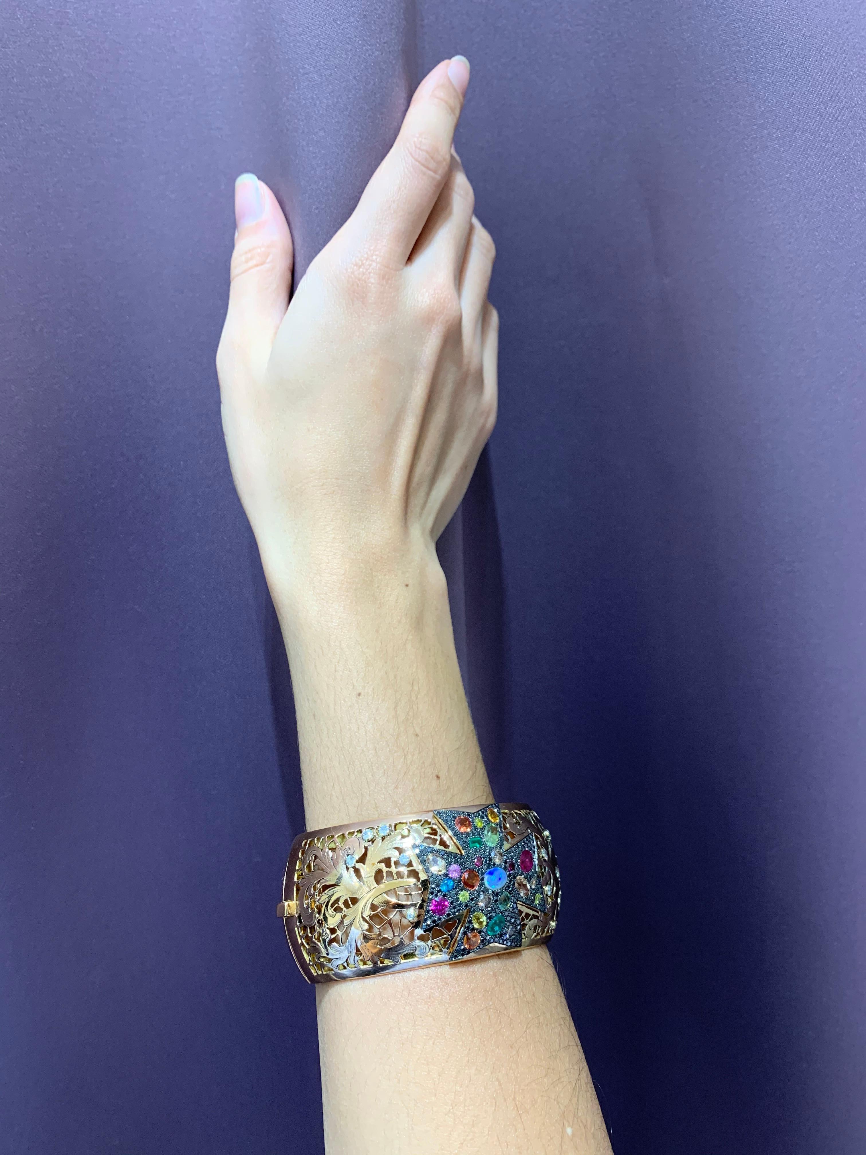 Round Cut Rosior one-off Multi-Color Gemstone Cuff Bracelet set in Rose Gold For Sale