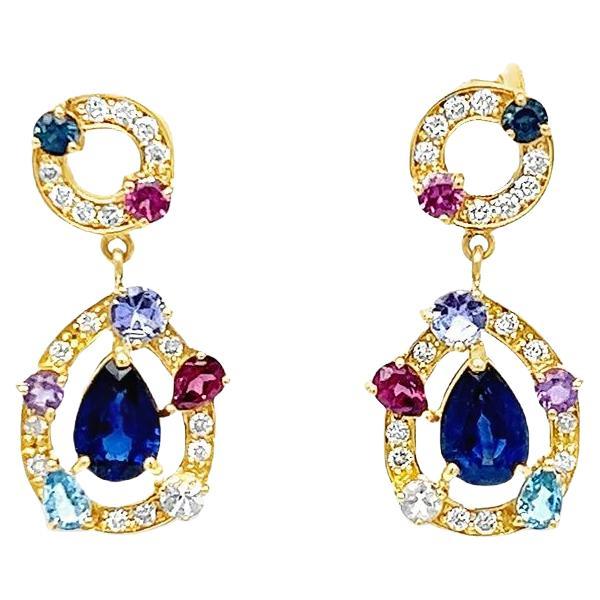 Multicolor Gemstone Dangle Earrings in Yellow Gold