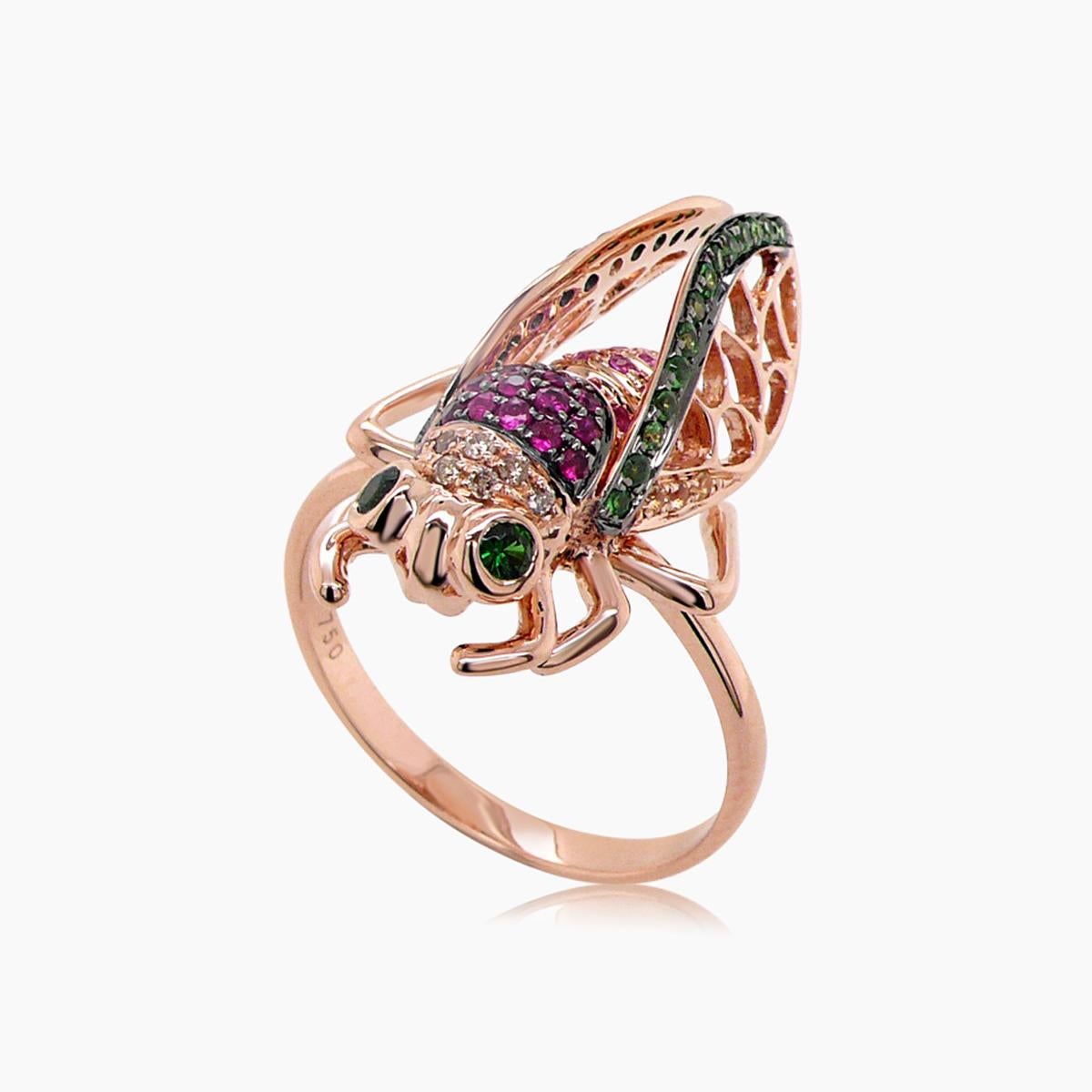 Mixed Cut Multicolor Gemstone & Diamond Pave Cicada Bug 18K Rose Gold Animal Ring For Sale