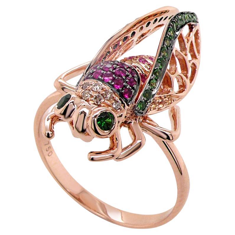 Multicolor Gemstone & Diamond Pave Cicada Bug 18K Rose Gold Animal Ring