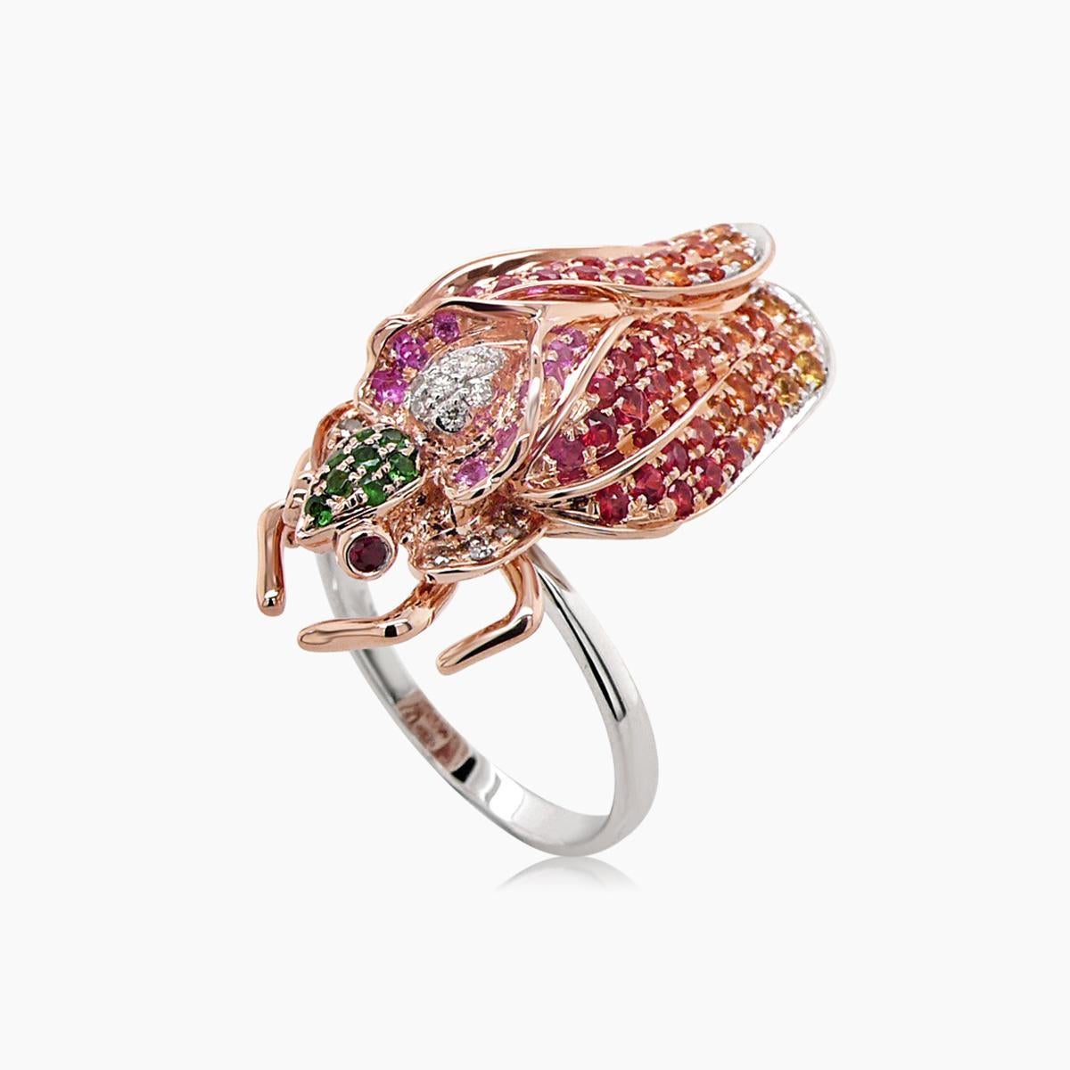 Mixed Cut Multicolor Gemstone & Diamond Pave Fly Bug 18K Rose Gold Animal Ring For Sale