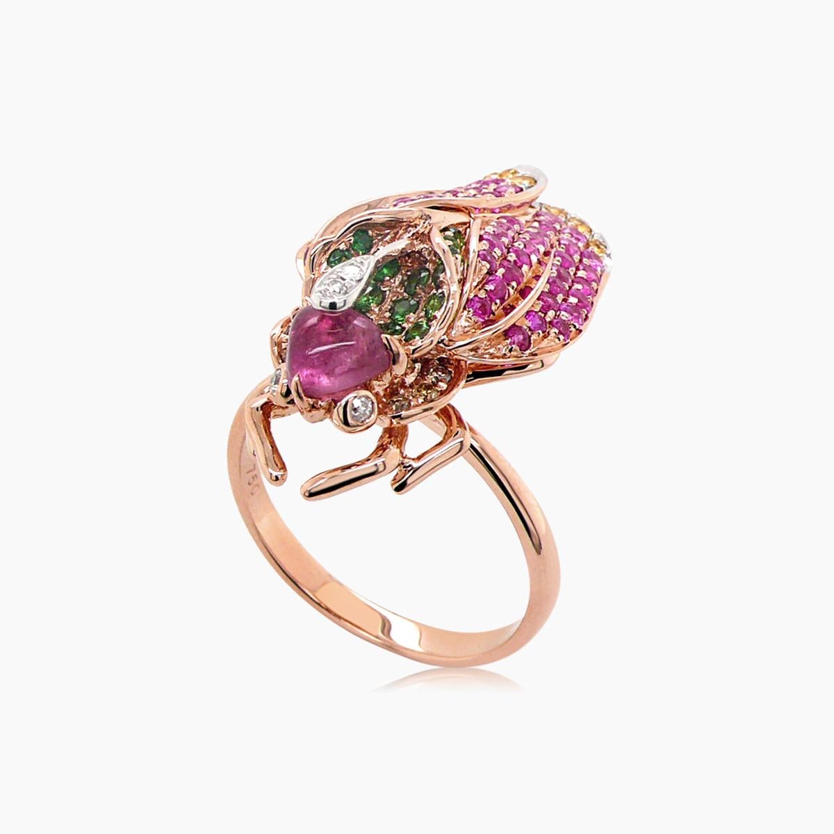 Multicolor Gemstone & Diamond Pave Fly Bug 18K Rose Gold Animal Ring In New Condition For Sale In Oakton, VA