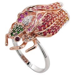 Multicolor Gemstone & Diamond Pave Fly Bug 18K Rose Gold Animal Ring