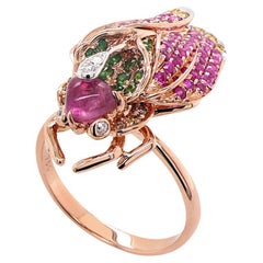 Multicolor Gemstone & Diamond Pave Fly Bug 18K Rose Gold Animal Ring