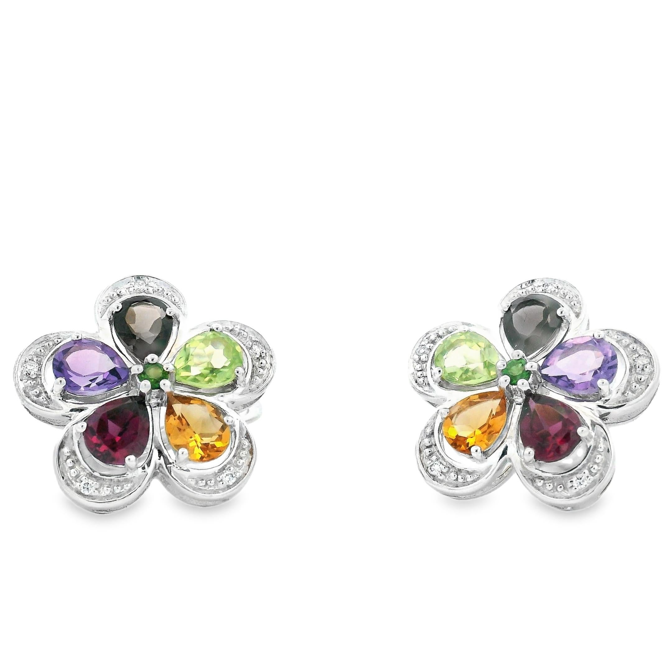 Floral gemstone earrings crafted in 14K white gold with a vibrant mix of pear-cut semi-precious stones, arranged in a five-petal flower design. Each petal features a distinct gemstone—peridot, citrine, garnet, amethyst, and smoky quartz—accented