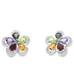 Multicolor Gemstone Flower Earrings in 14K White Gold with Diamond Accents
