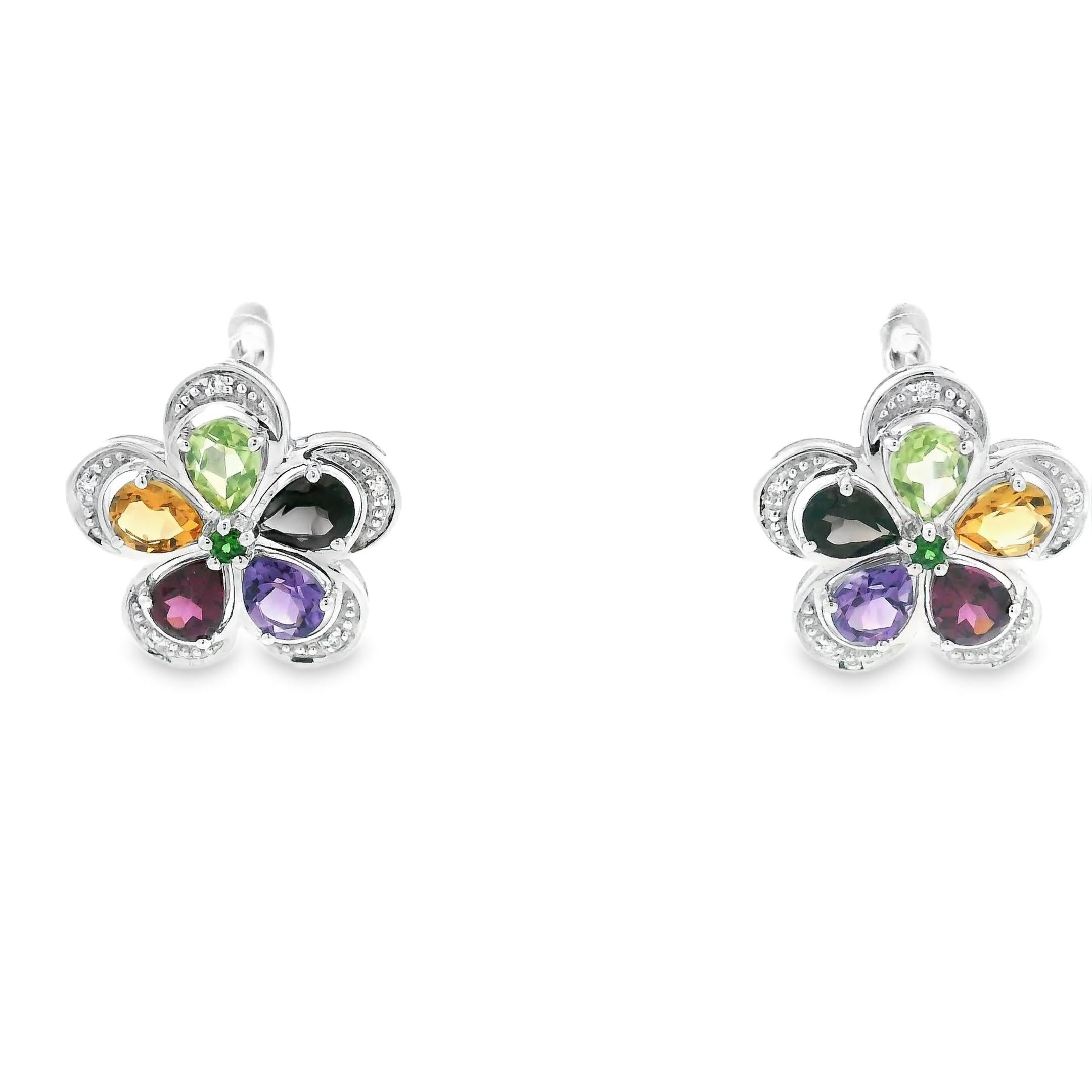 De las mujeres Multicolor Gemstone Flower Earrings in 14K White Gold with Diamond Accents en venta