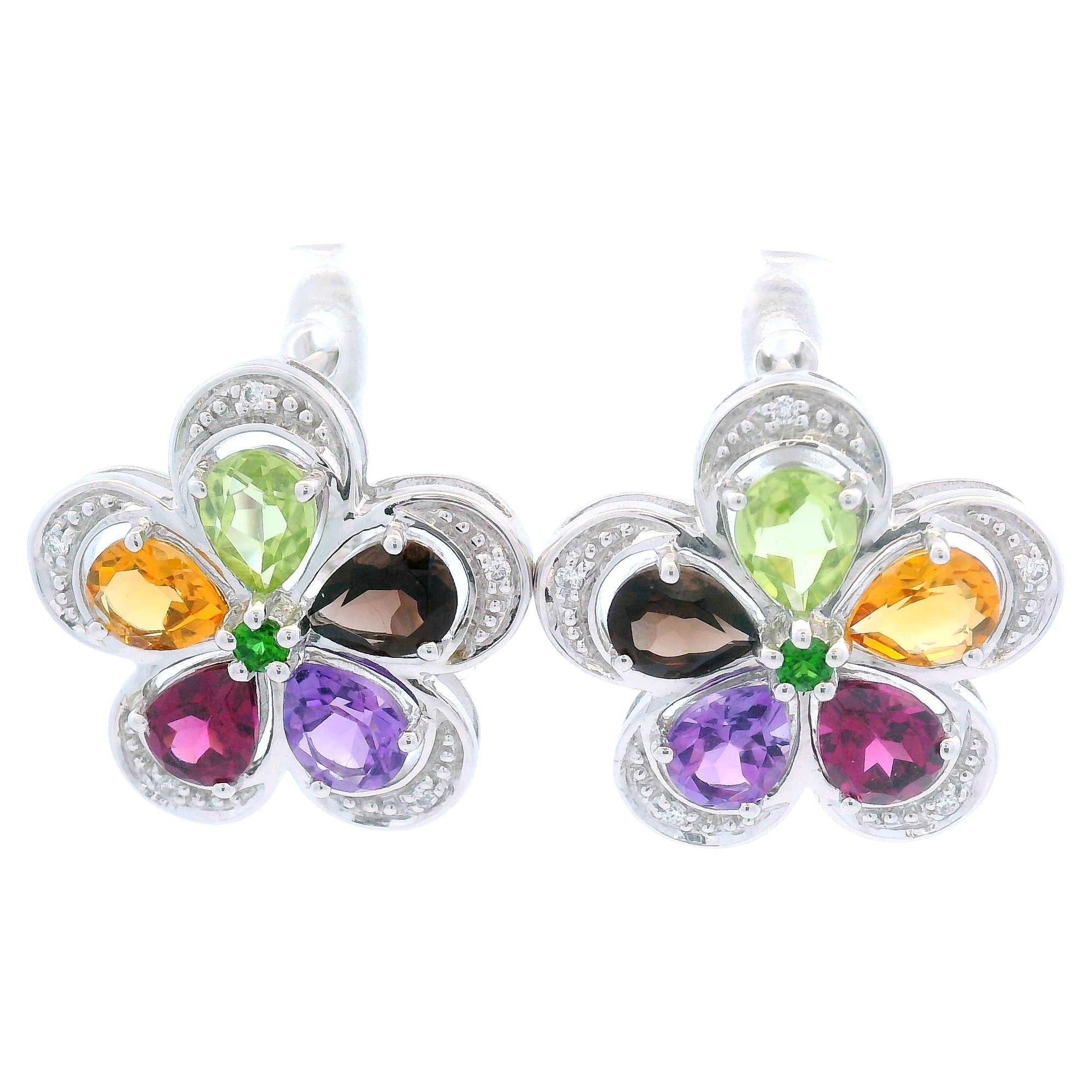 Multicolor Gemstone Flower Earrings in 14K White Gold with Diamond Accents