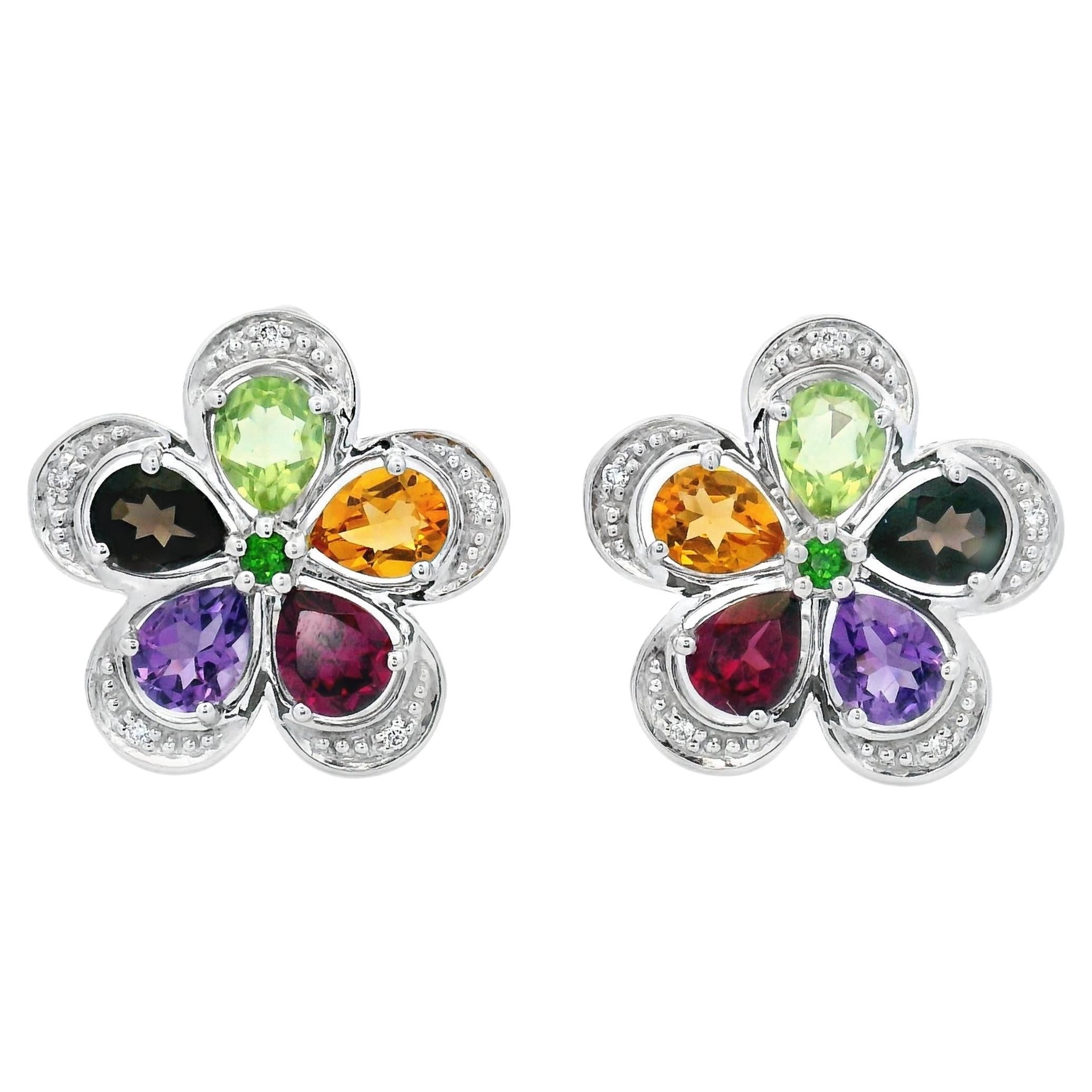 Multicolor Gemstone Flower Earrings in 14K White Gold with Diamond Accents