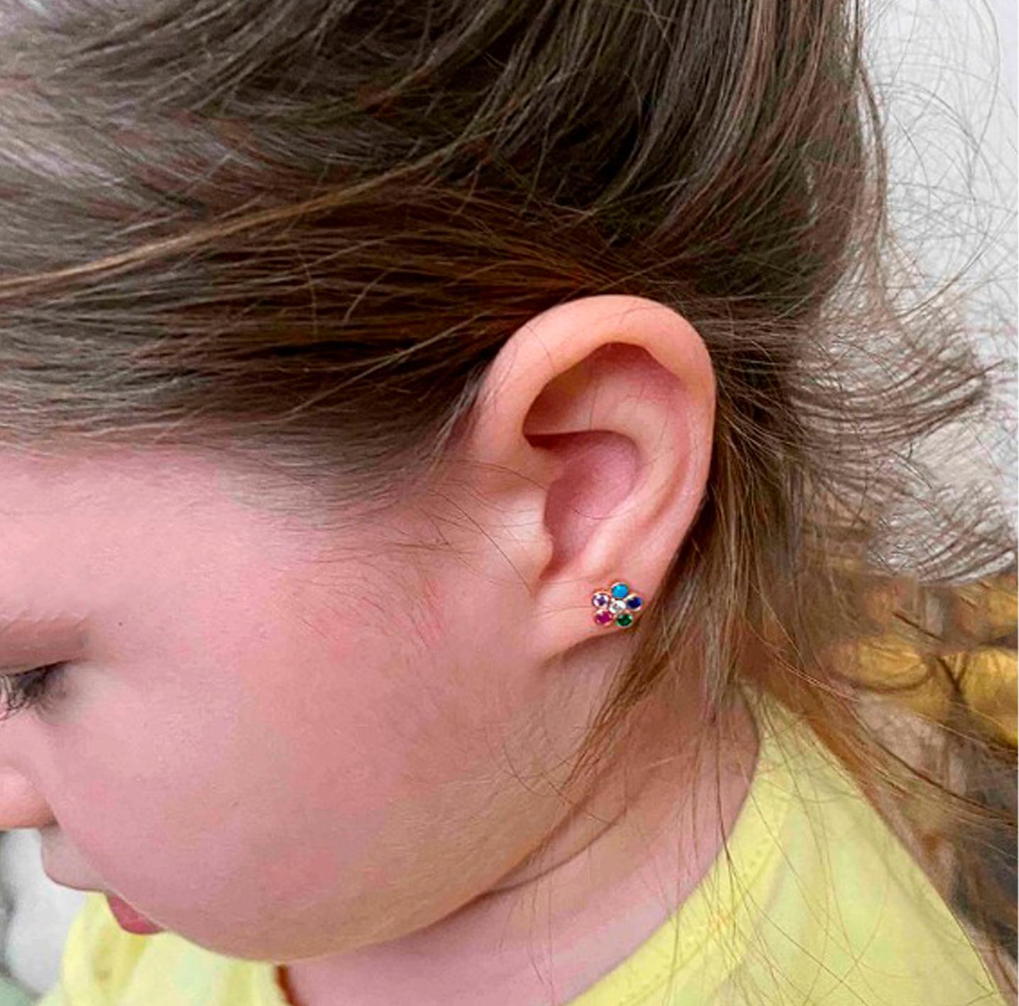 Multicolor gemstone flower earrings studs in 14k gold. For Sale 4