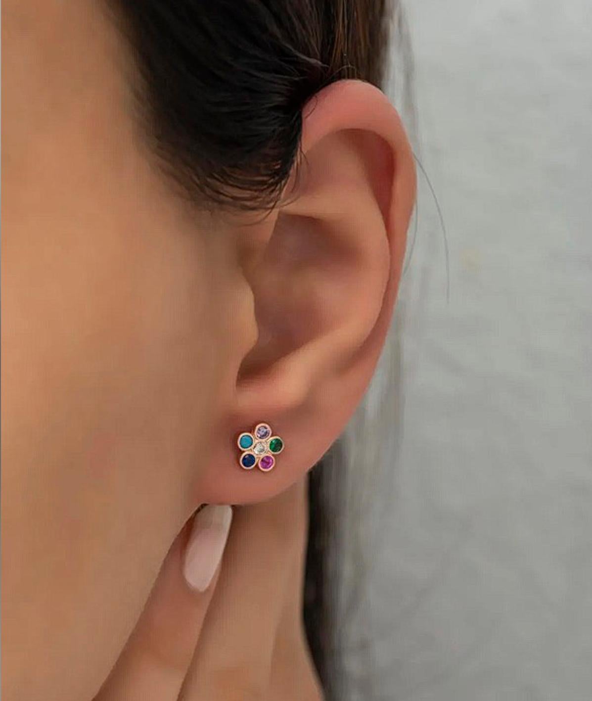 Multicolor gemstone flower earrings studs in 14k gold. For Sale 6