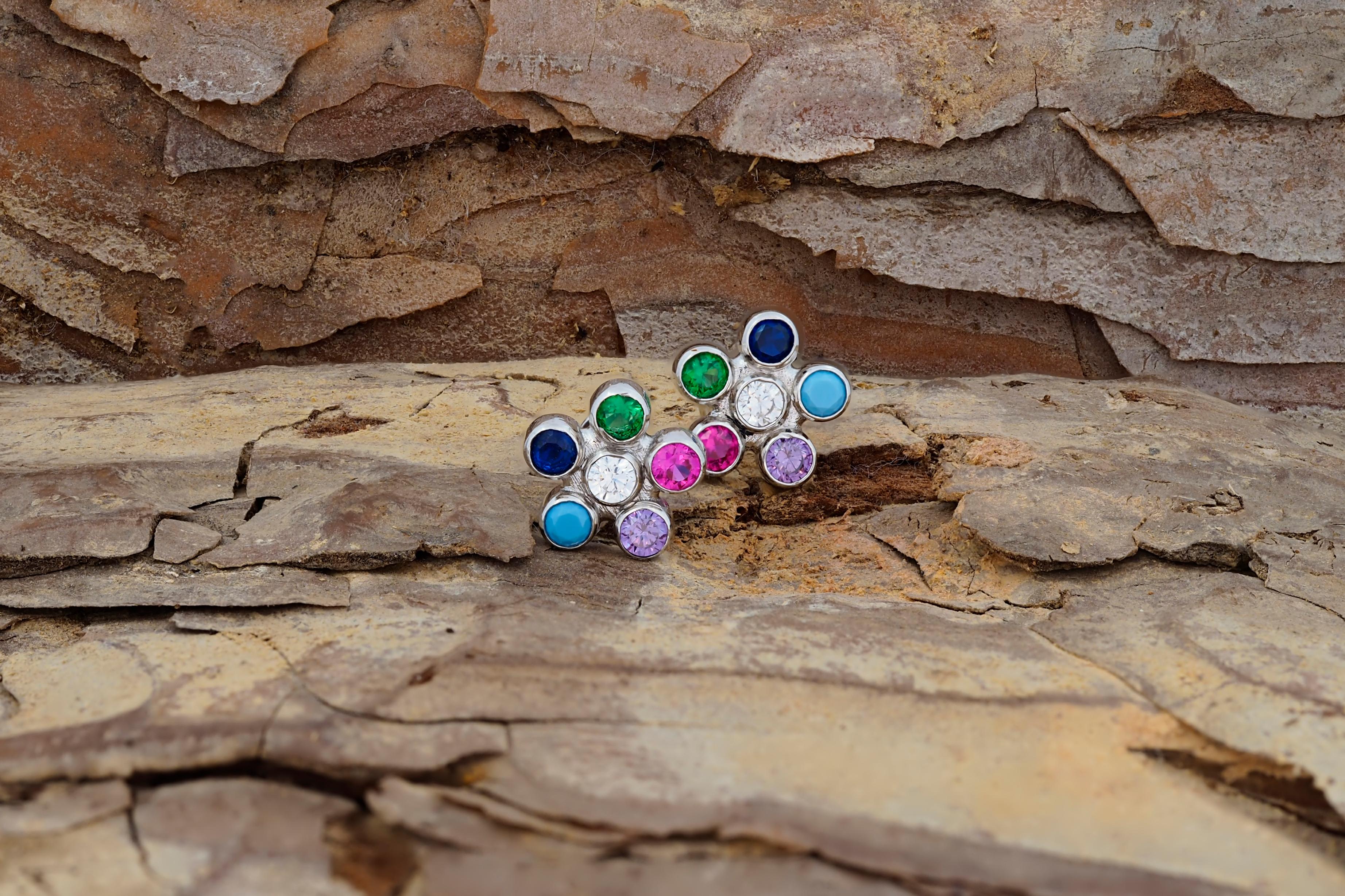 Modern Multicolor gemstone flower earrings studs in 14k gold. For Sale