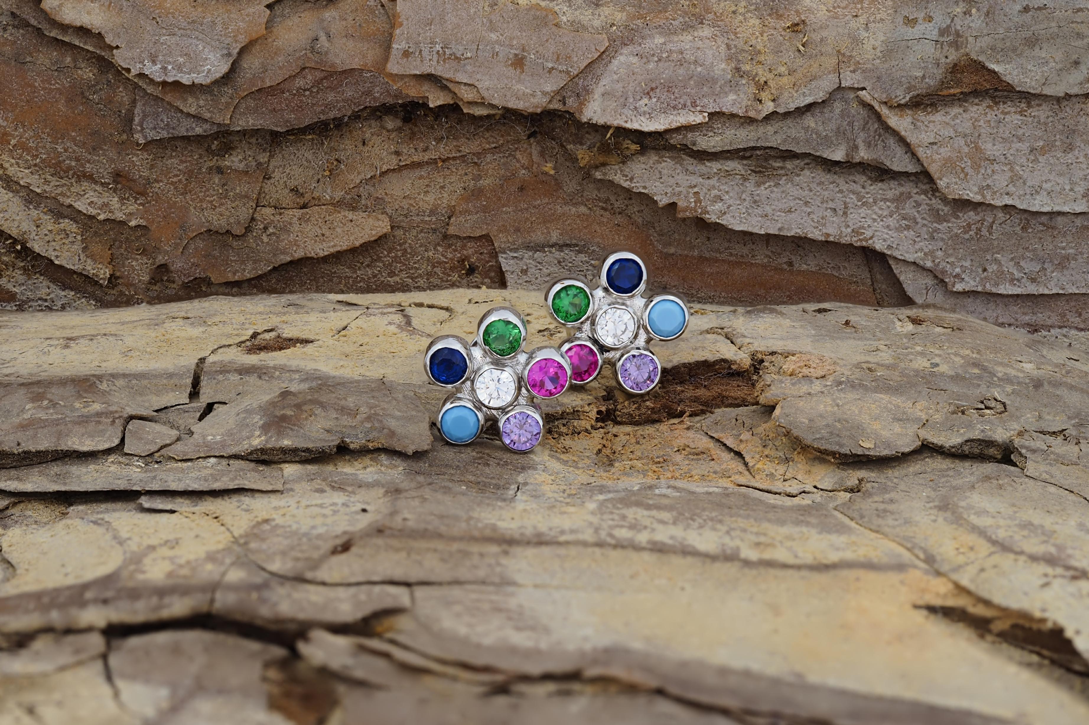 Modern Multicolor gemstone flower earrings studs in 14k gold. For Sale