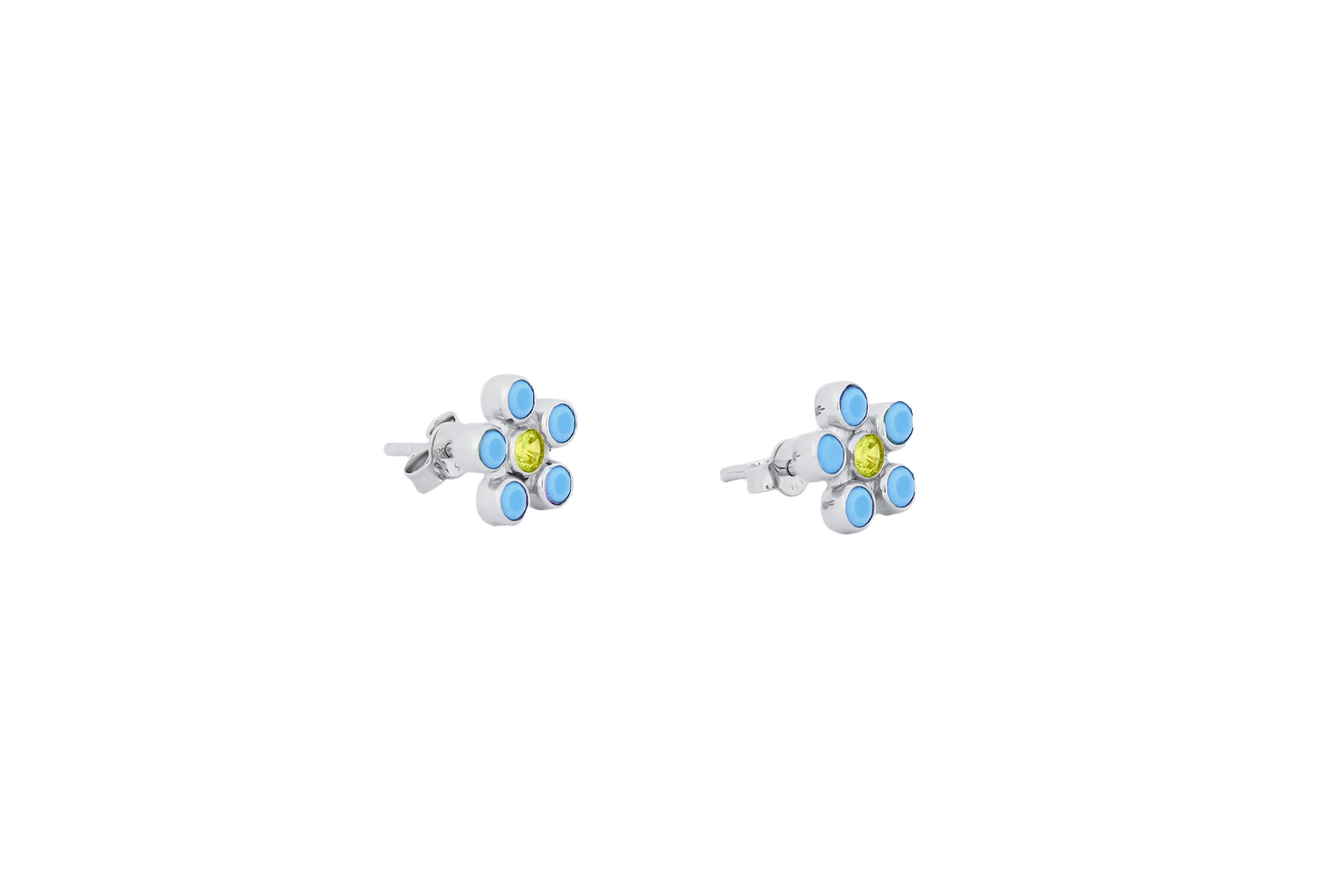 Modern Multicolor gemstone flower earrings studs in 14k gold. For Sale