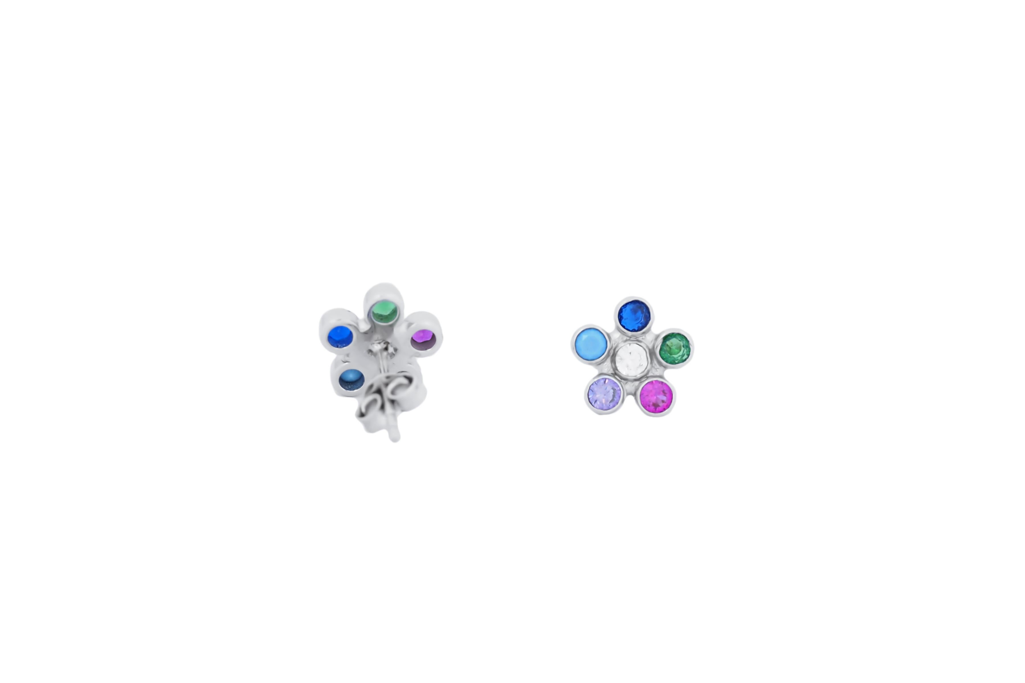 Round Cut Multicolor gemstone flower earrings studs in 14k gold. For Sale