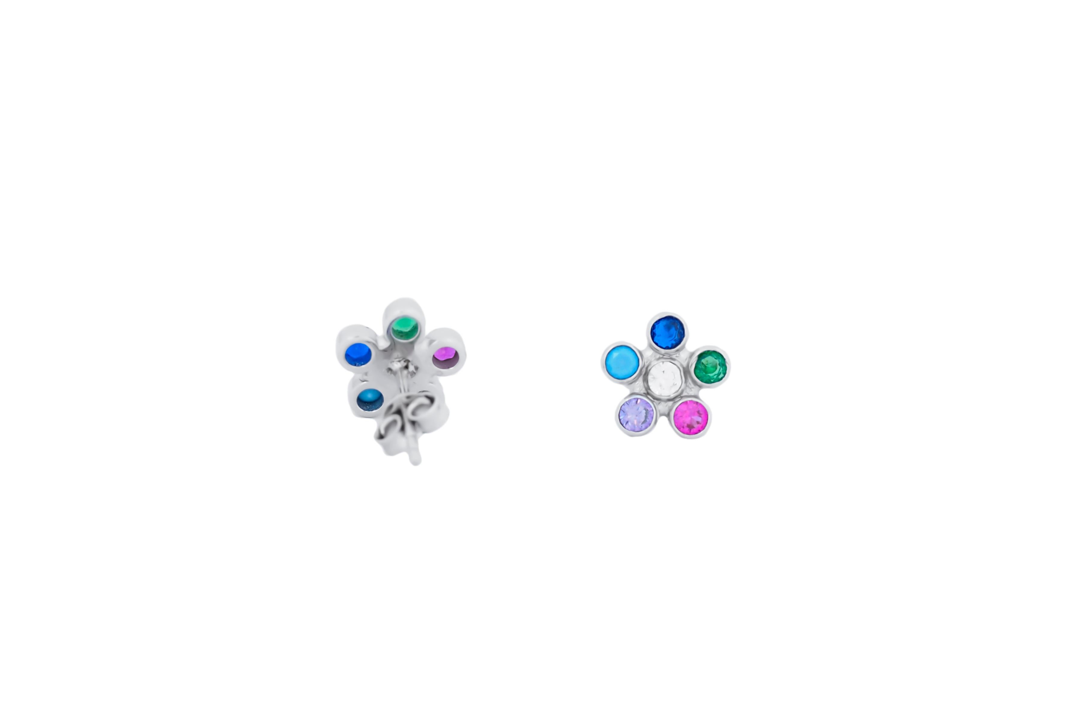 Multicolor gemstone flower earrings studs in 14k gold. In New Condition For Sale In Istanbul, TR