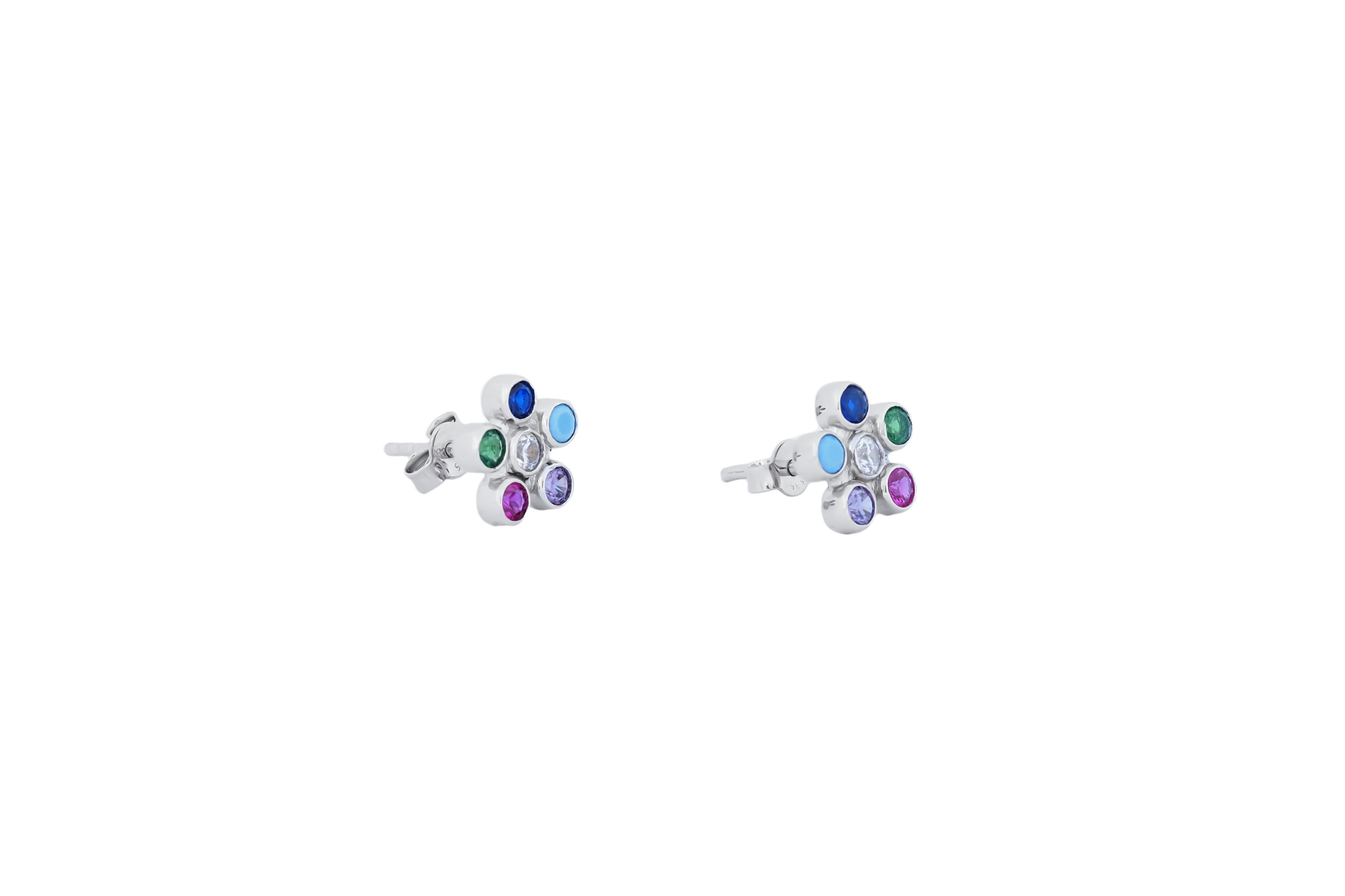 Multicolor gemstone flower earrings studs in 14k gold. In New Condition For Sale In Istanbul, TR