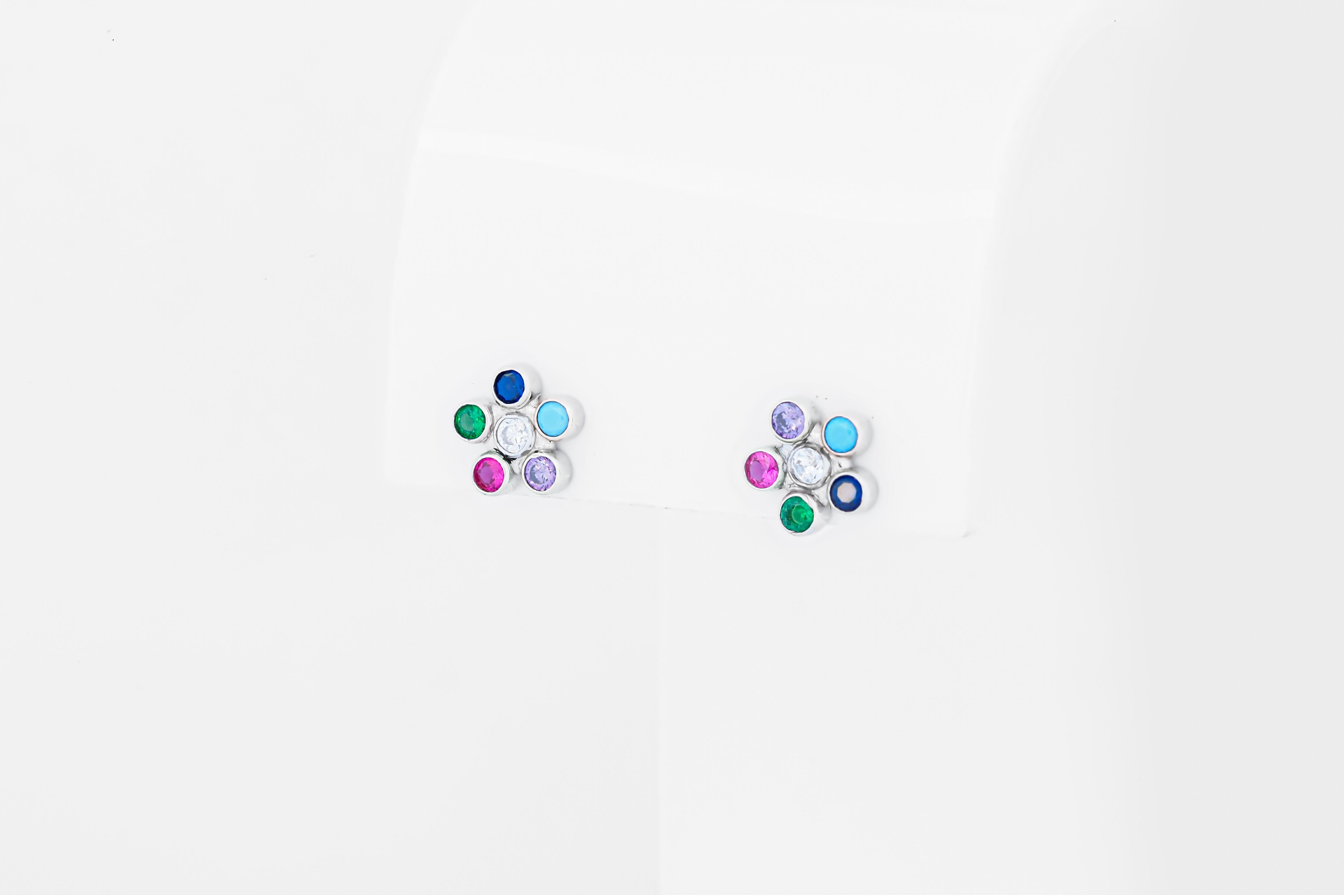 Multicolor gemstone flower earrings studs in 14k gold. For Sale 1