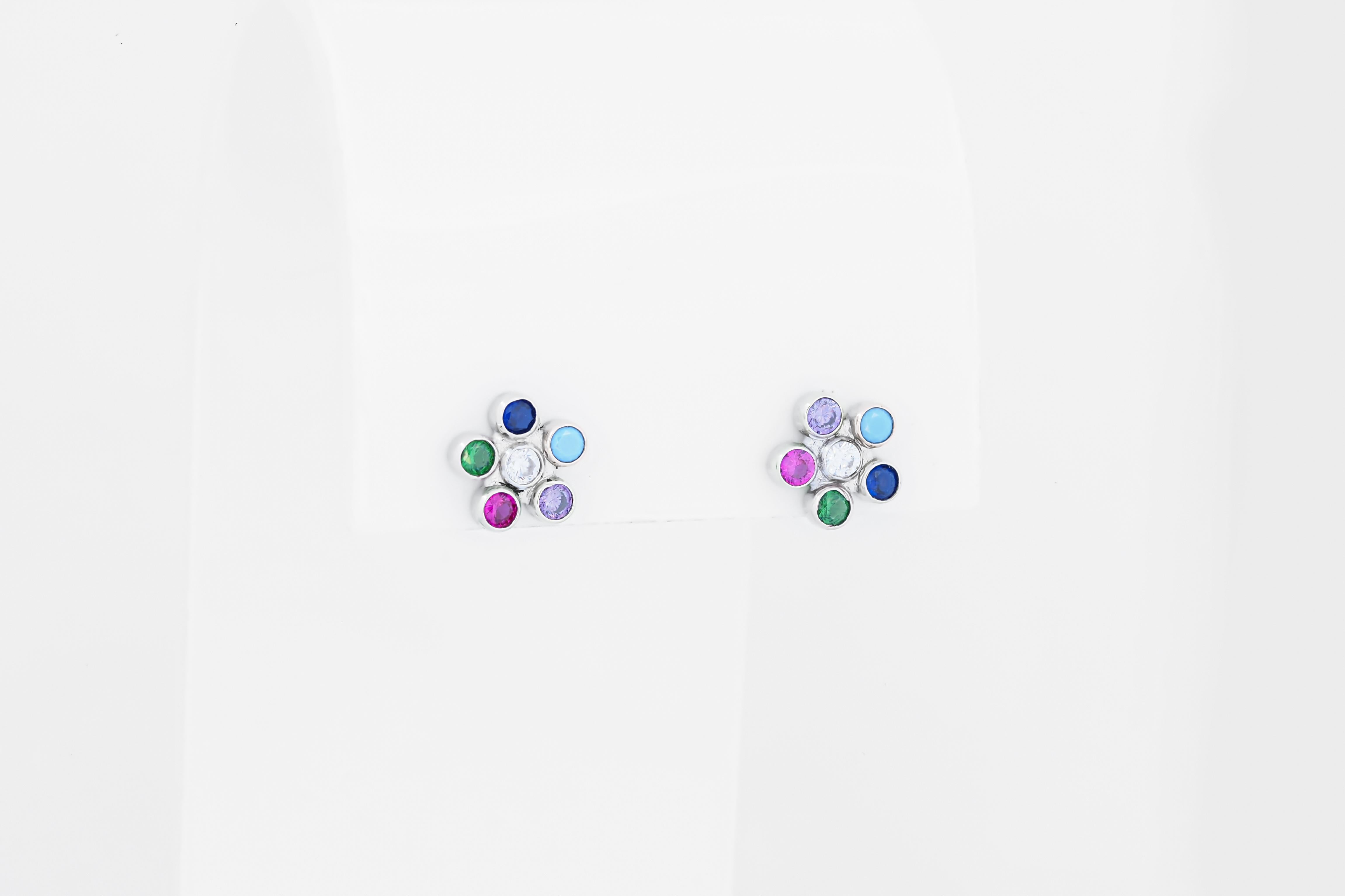 Multicolor gemstone flower earrings studs in 14k gold. For Sale 1