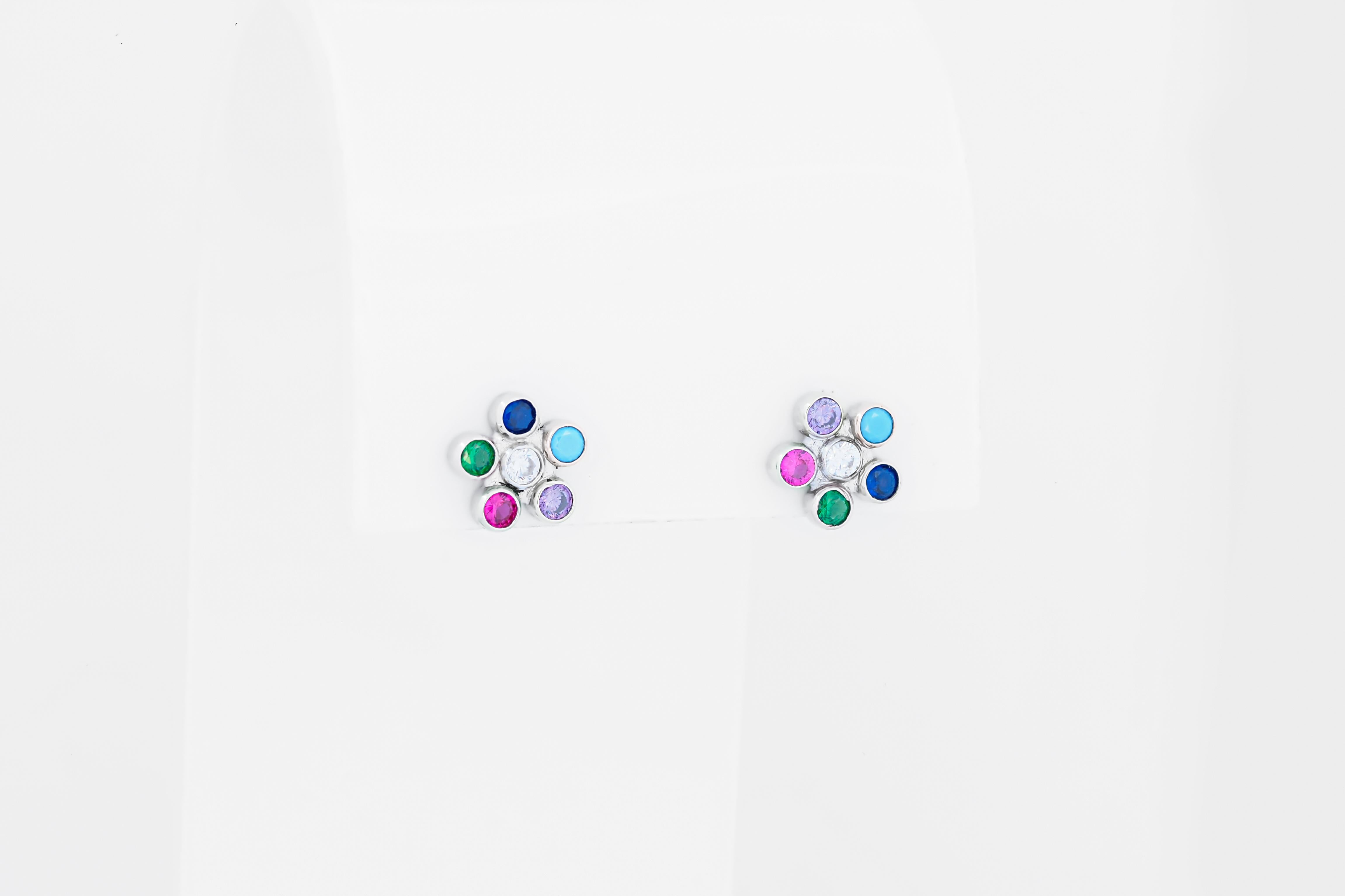 Multicolor gemstone flower earrings studs in 14k gold. For Sale 2