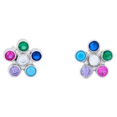Multicolor gemstone flower earrings studs in 14k gold.